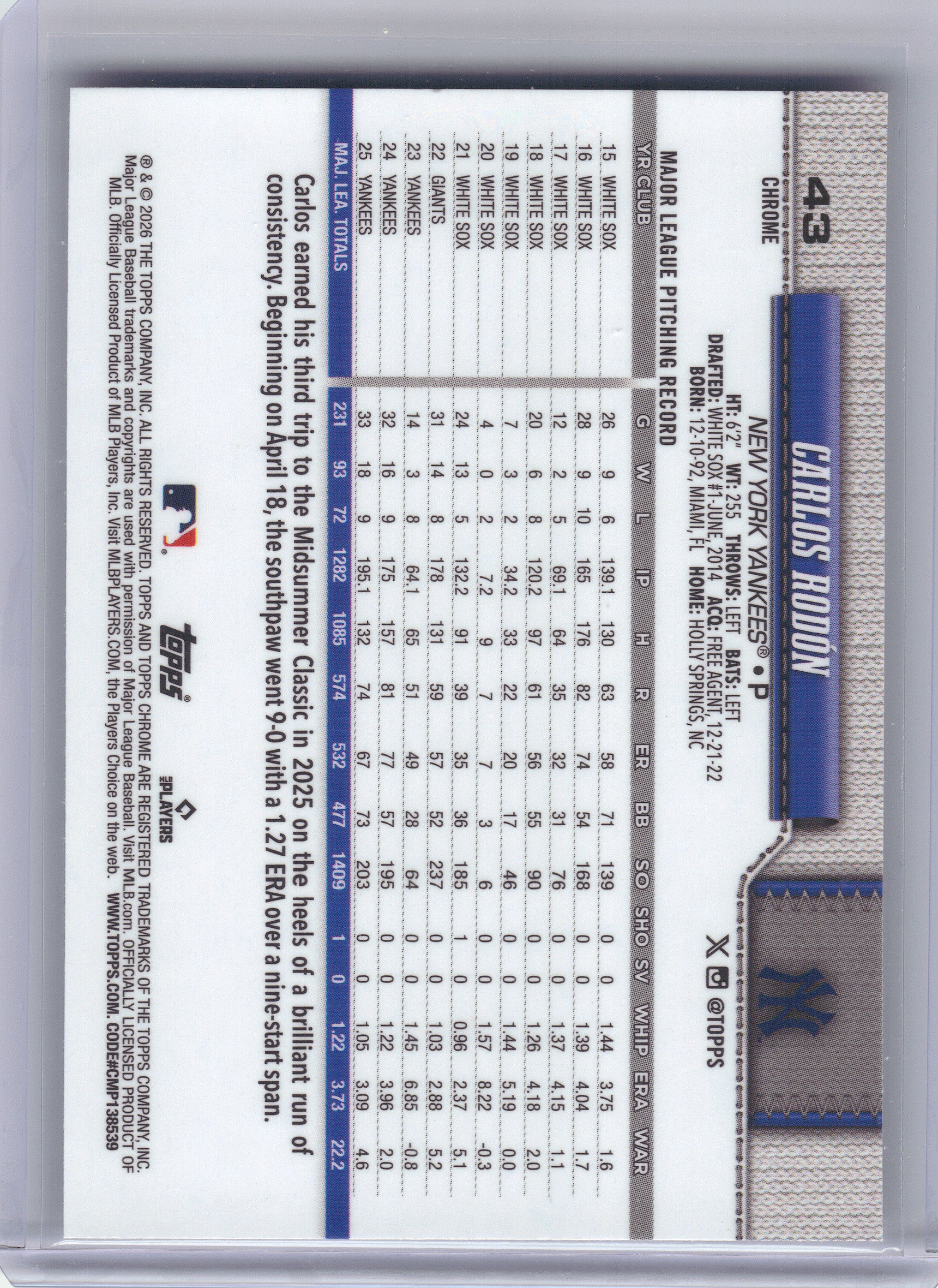 2026 Topps Chrome #43 Carlos Rodón X-Fractors New York Yankees