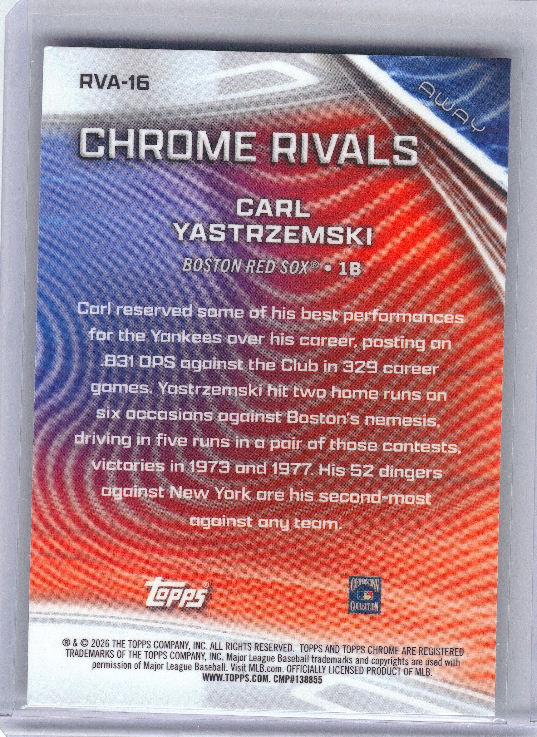 2026 Topps Chrome #RVA-16 Carl Yastrzemski Chrome Rivals Away Boston Red Sox
