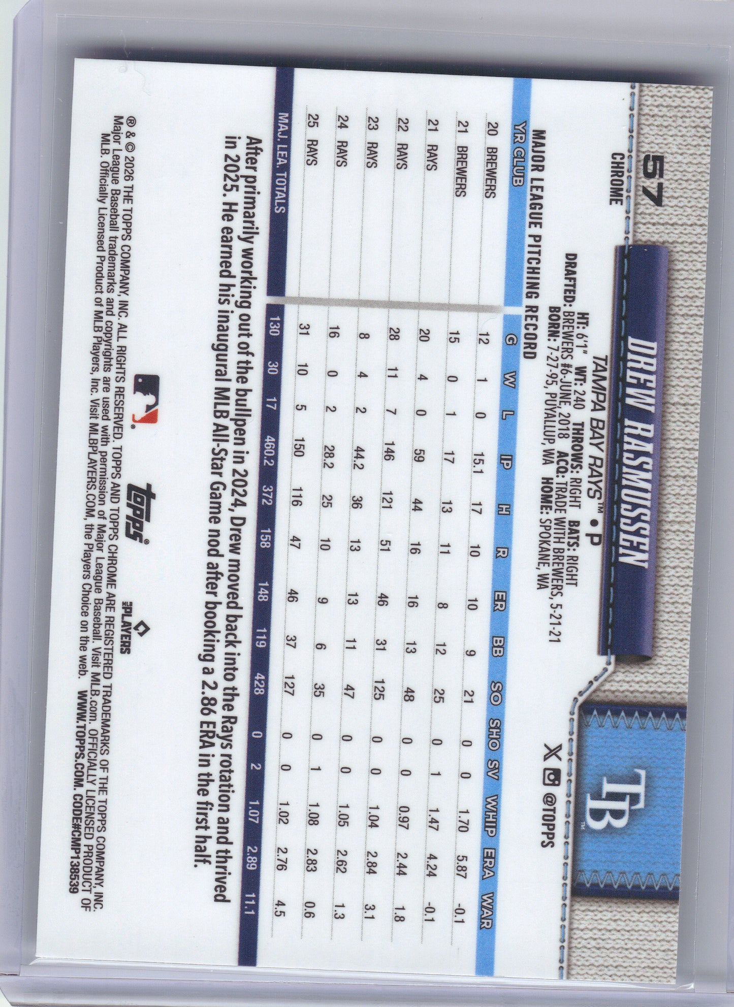2026 Topps Chrome #57 Drew Rasmussen X-Fractors Tampa Bay Rays