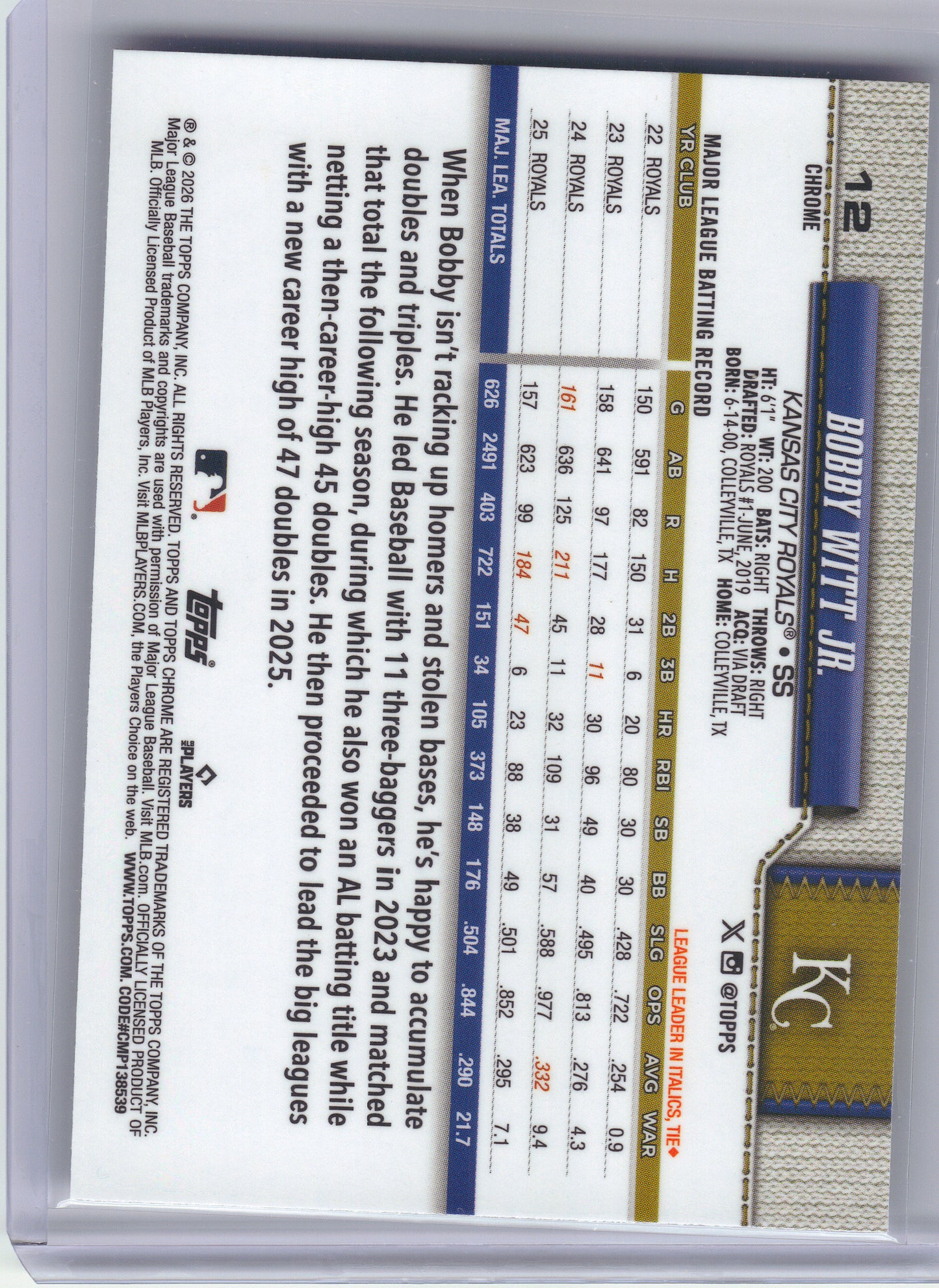 2026 Topps Chrome #12 Bobby Witt Jr. Kansas City Royals
