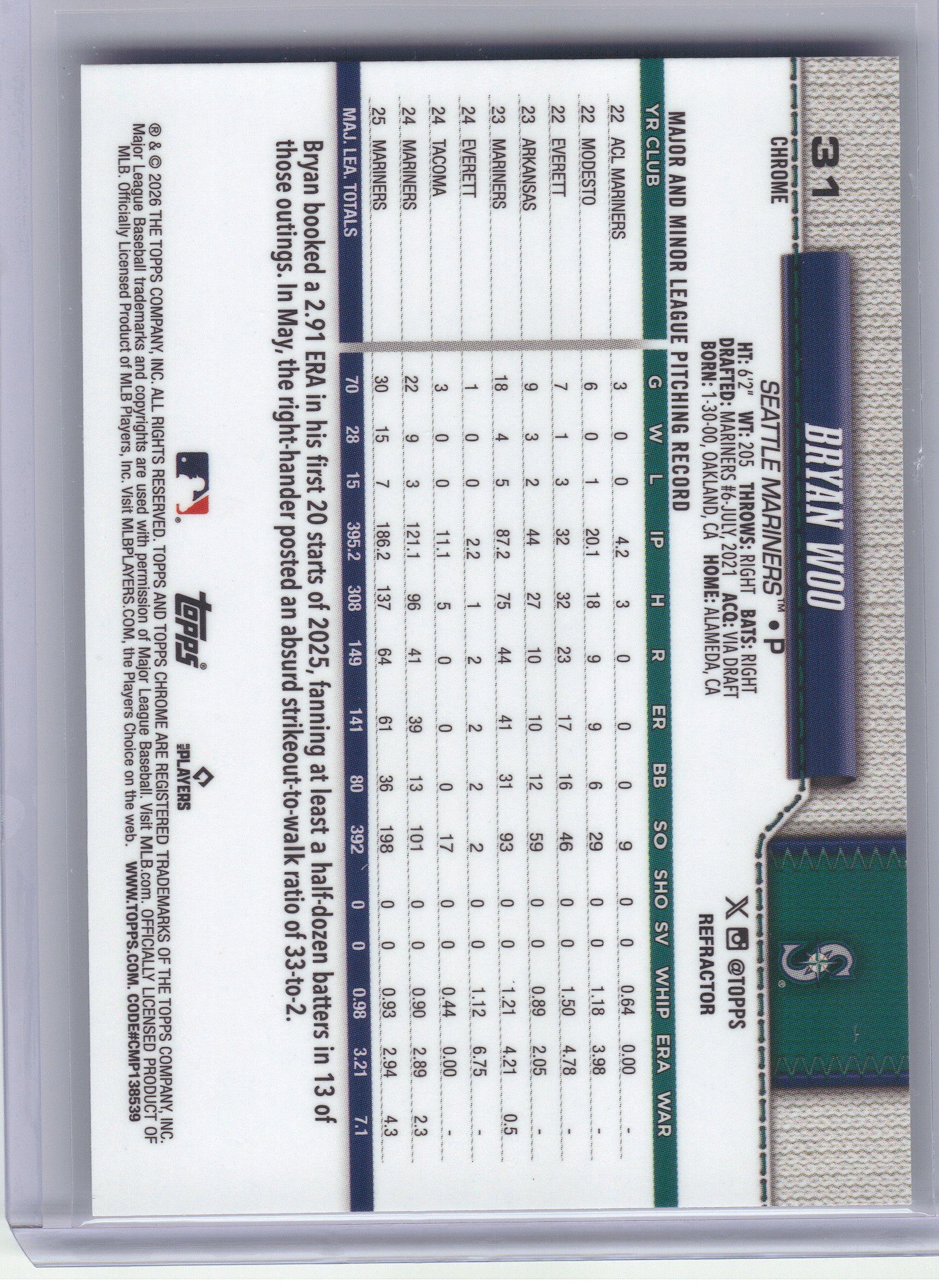 2026 Topps Chrome #31 Bryan Woo Refractors Seattle Mariners