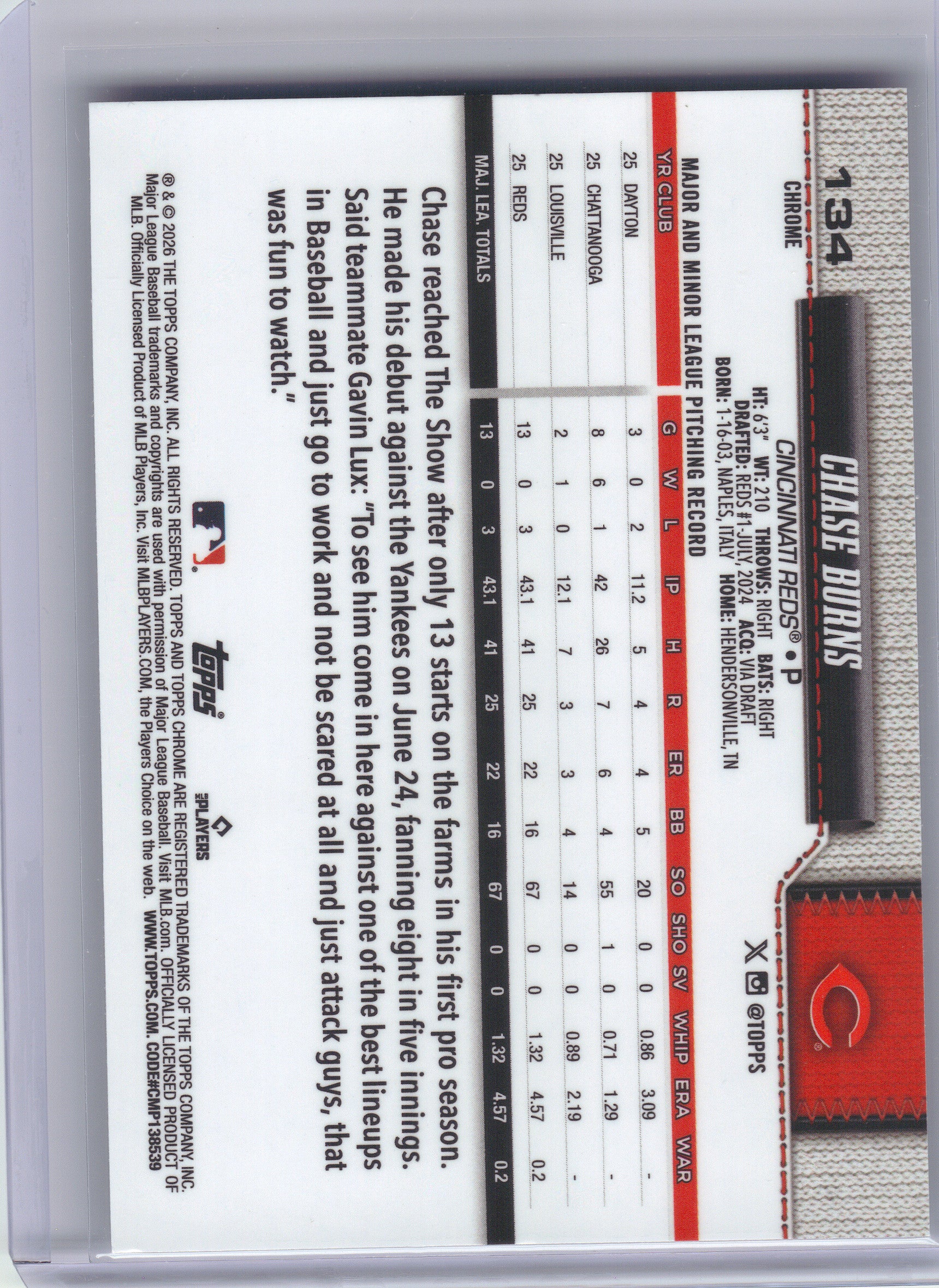 2026 Topps Chrome #134 Chase Burns X-Fractors Cincinnati Reds RC