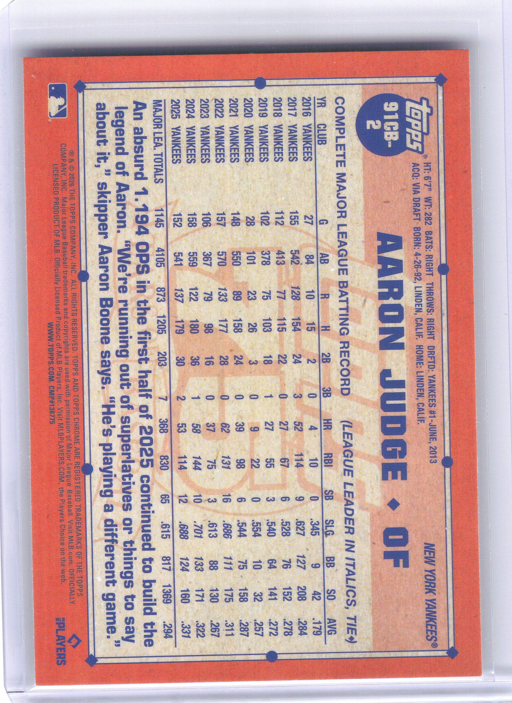2026 Topps Chrome #91CB-2 Aaron Judge 1991 Topps Baseball 35th Anniversary New York Yankees