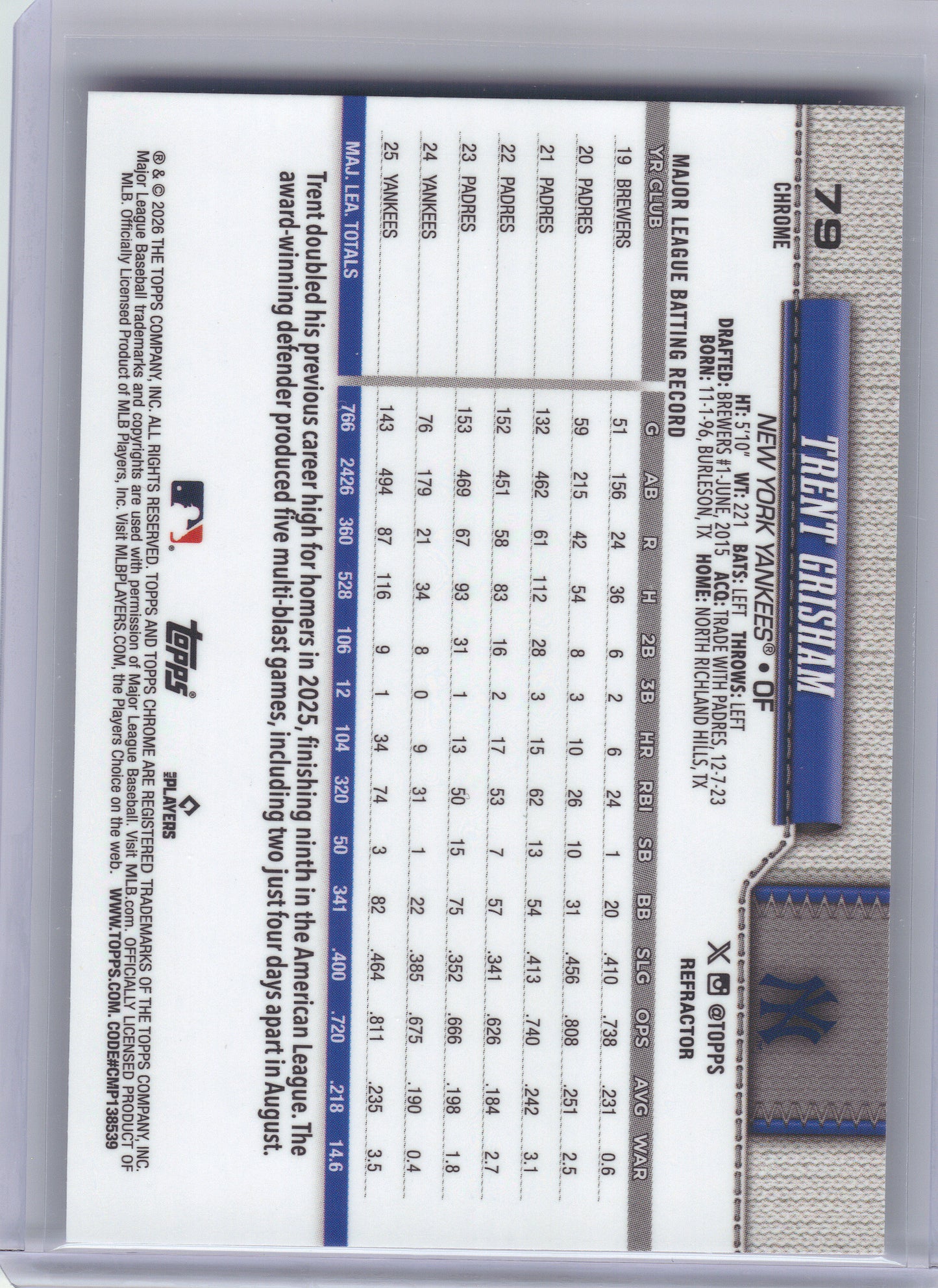 2026 Topps Chrome #79 Trent Grisham Refractors New York Yankees