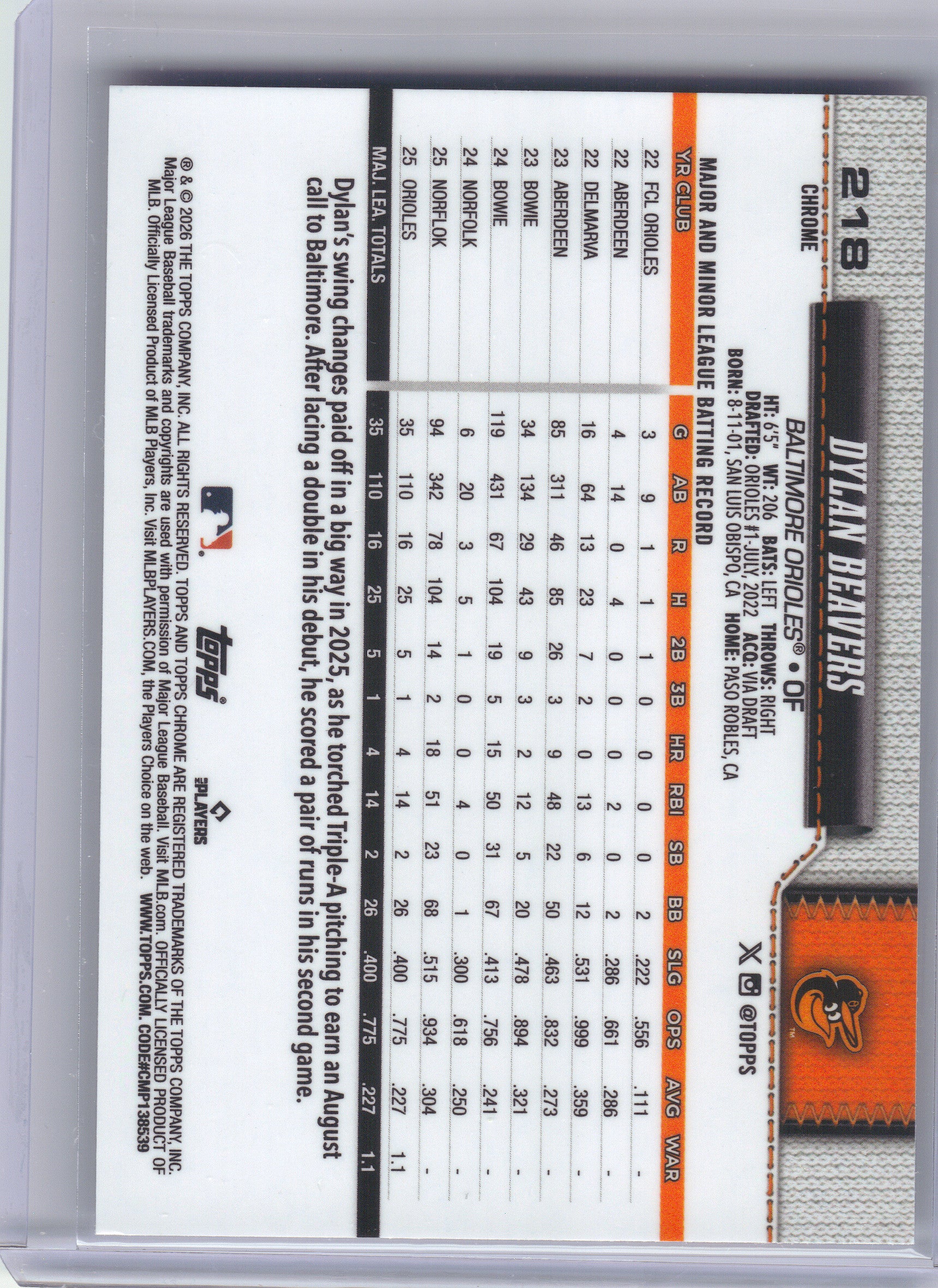 2026 Topps Chrome #218 Dylan Beavers X-Fractors Baltimore Orioles RC