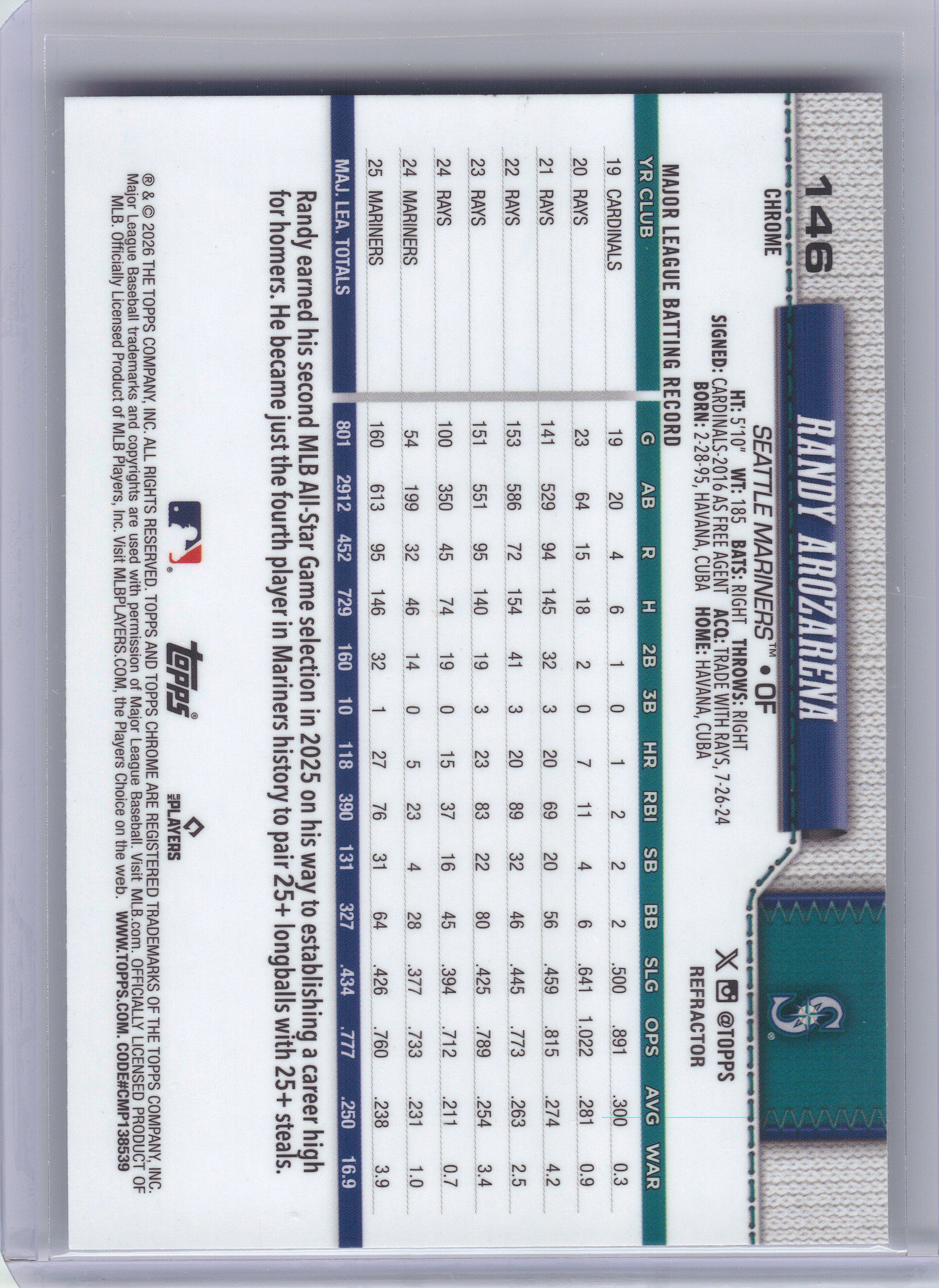 2026 Topps Chrome #146 Randy Arozarena Refractors Seattle Mariners