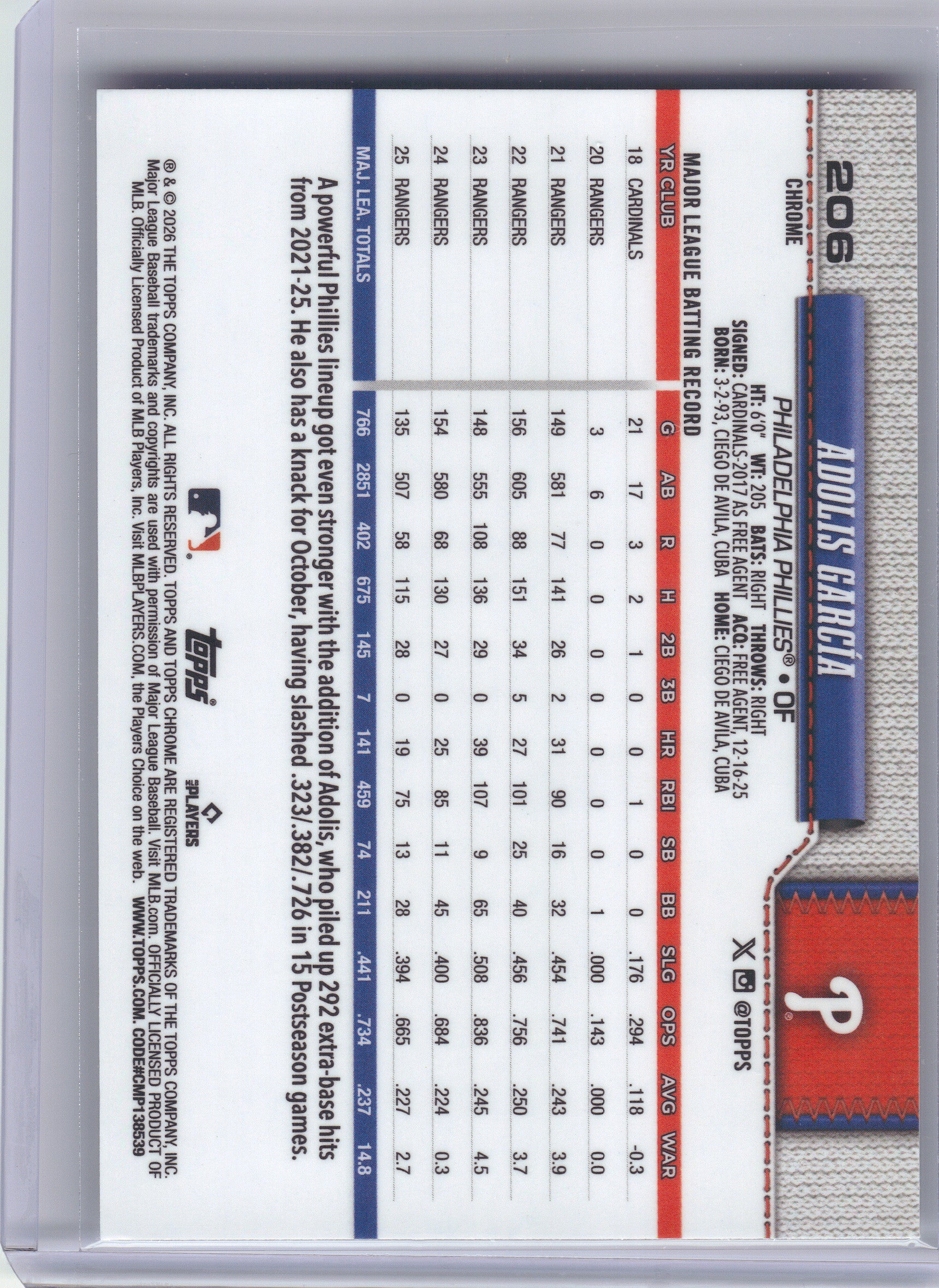2026 Topps Chrome #206 Adolis García X-Fractors Philadelphia Phillies