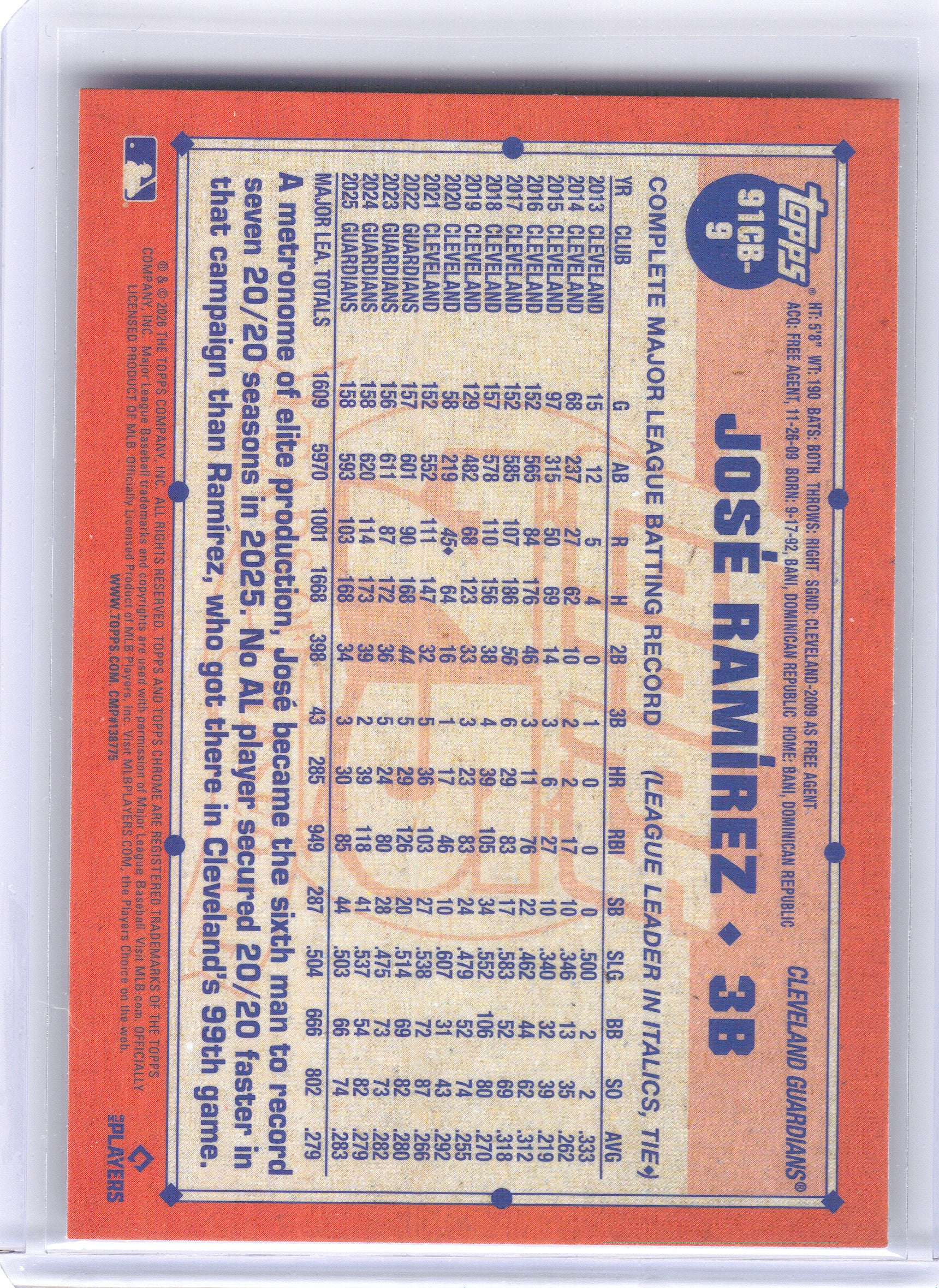 2026 Topps Chrome #91CB-9 José Ramírez 1991 Topps Baseball 35th Anniversary Cleveland Guardians