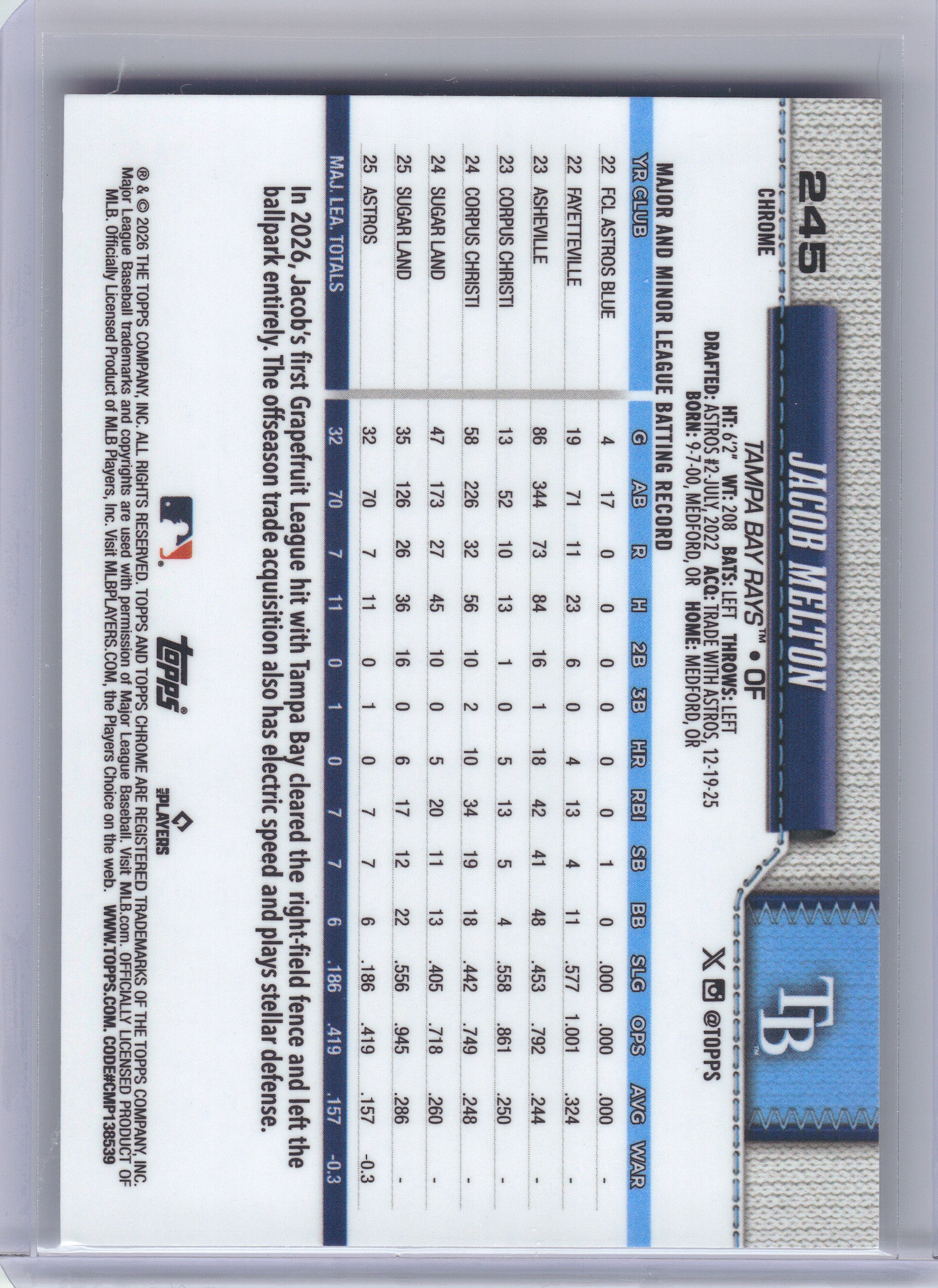 2026 Topps Chrome #245 Jacob Melton X-Fractors Tampa Bay Rays RC