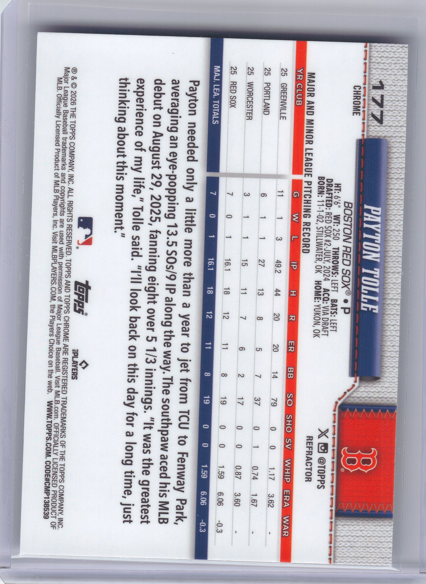 2026 Topps Chrome #177 Payton Tolle Refractors Boston Red Sox RC