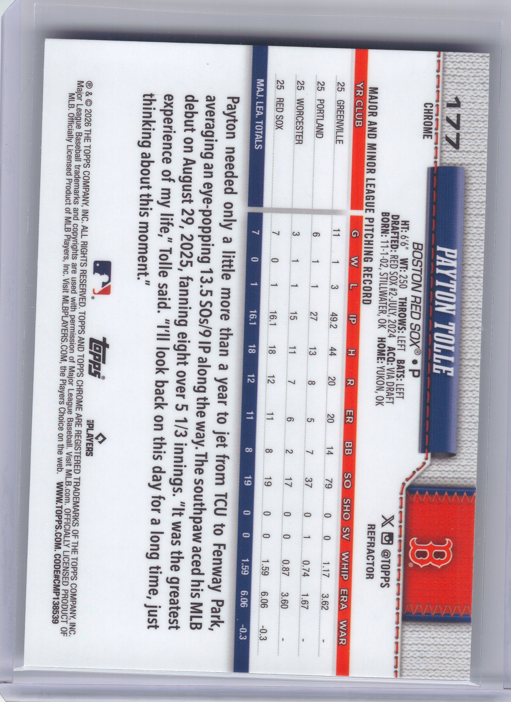 2026 Topps Chrome #177 Payton Tolle Refractors Boston Red Sox RC