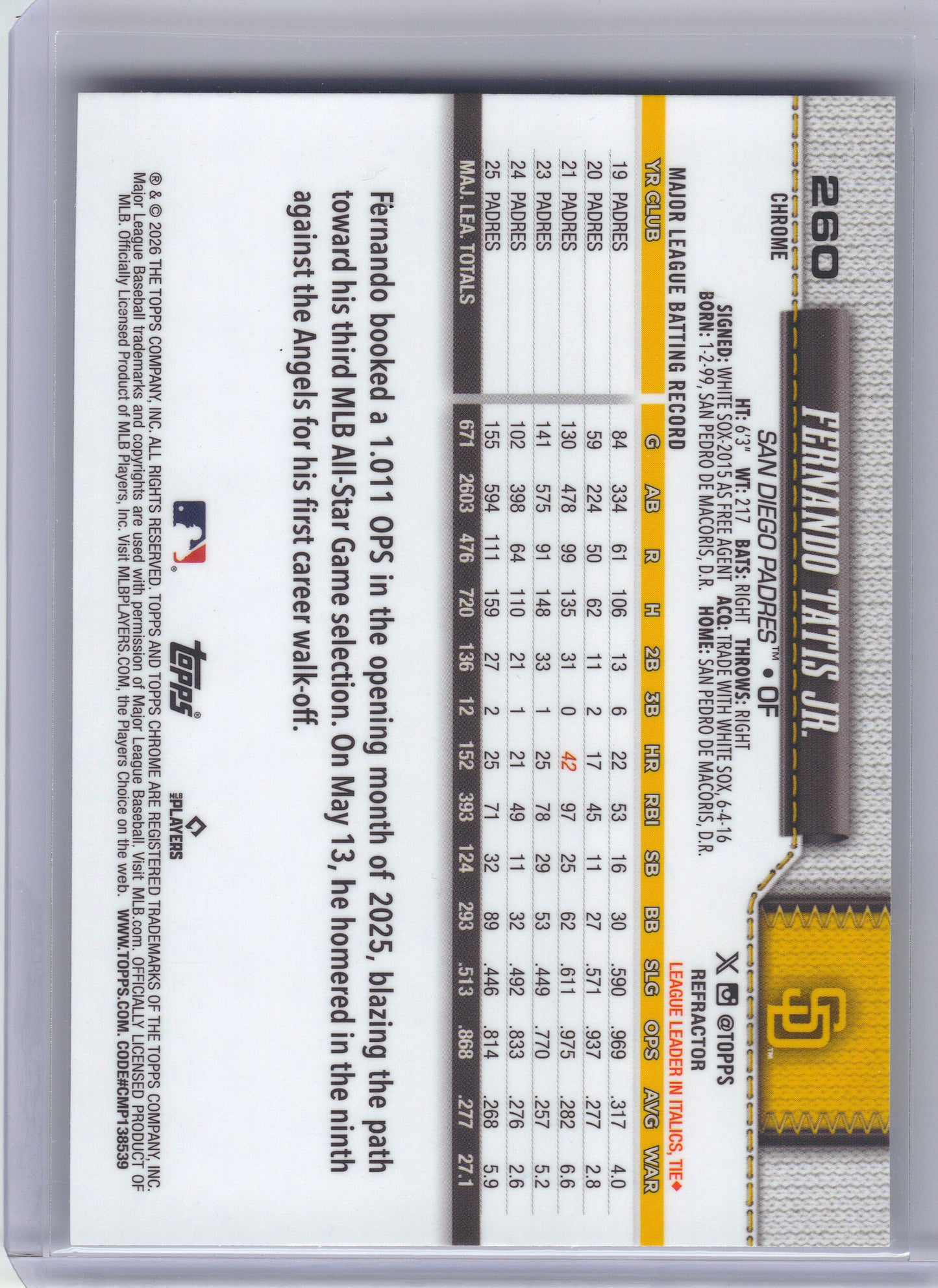 2026 Topps Chrome #260 Fernando Tatis Jr. Refractors San Diego Padres
