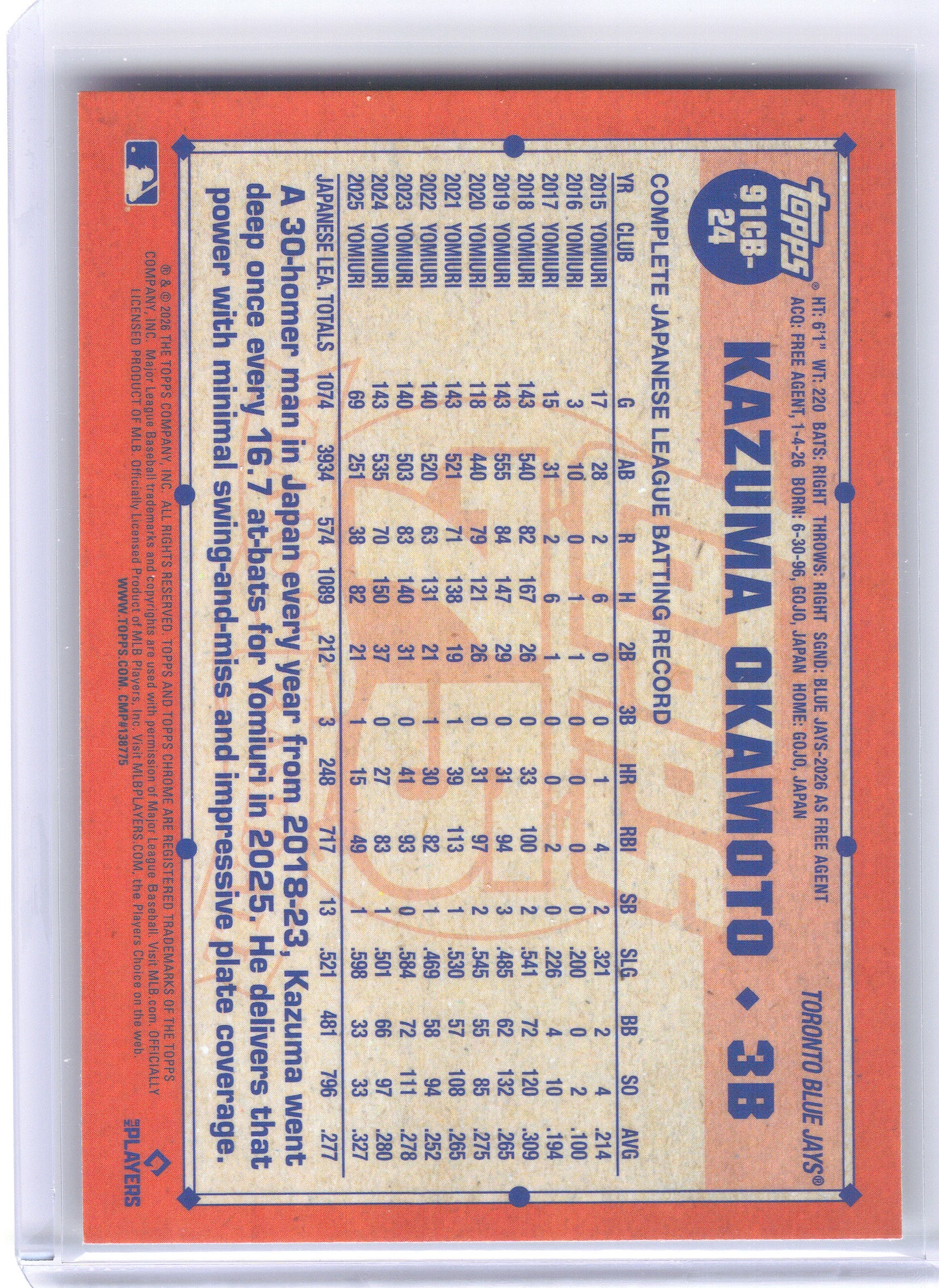 2026 Topps Chrome #91CB-24 Kazuma Okamoto 1991 Topps Baseball 35th Anniversary Toronto Blue Jays