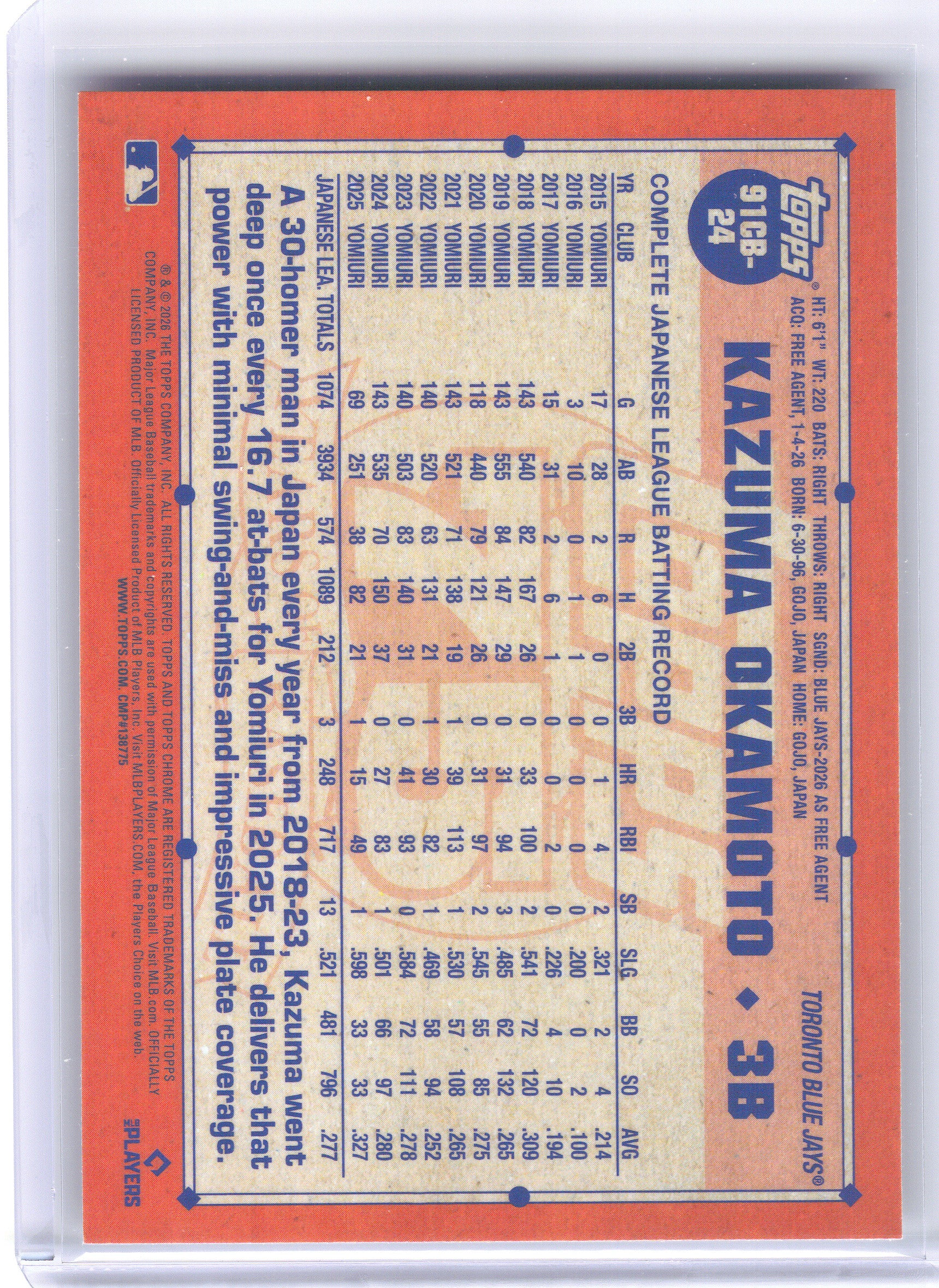 2026 Topps Chrome #91CB-24 Kazuma Okamoto 1991 Topps Baseball 35th Anniversary Toronto Blue Jays