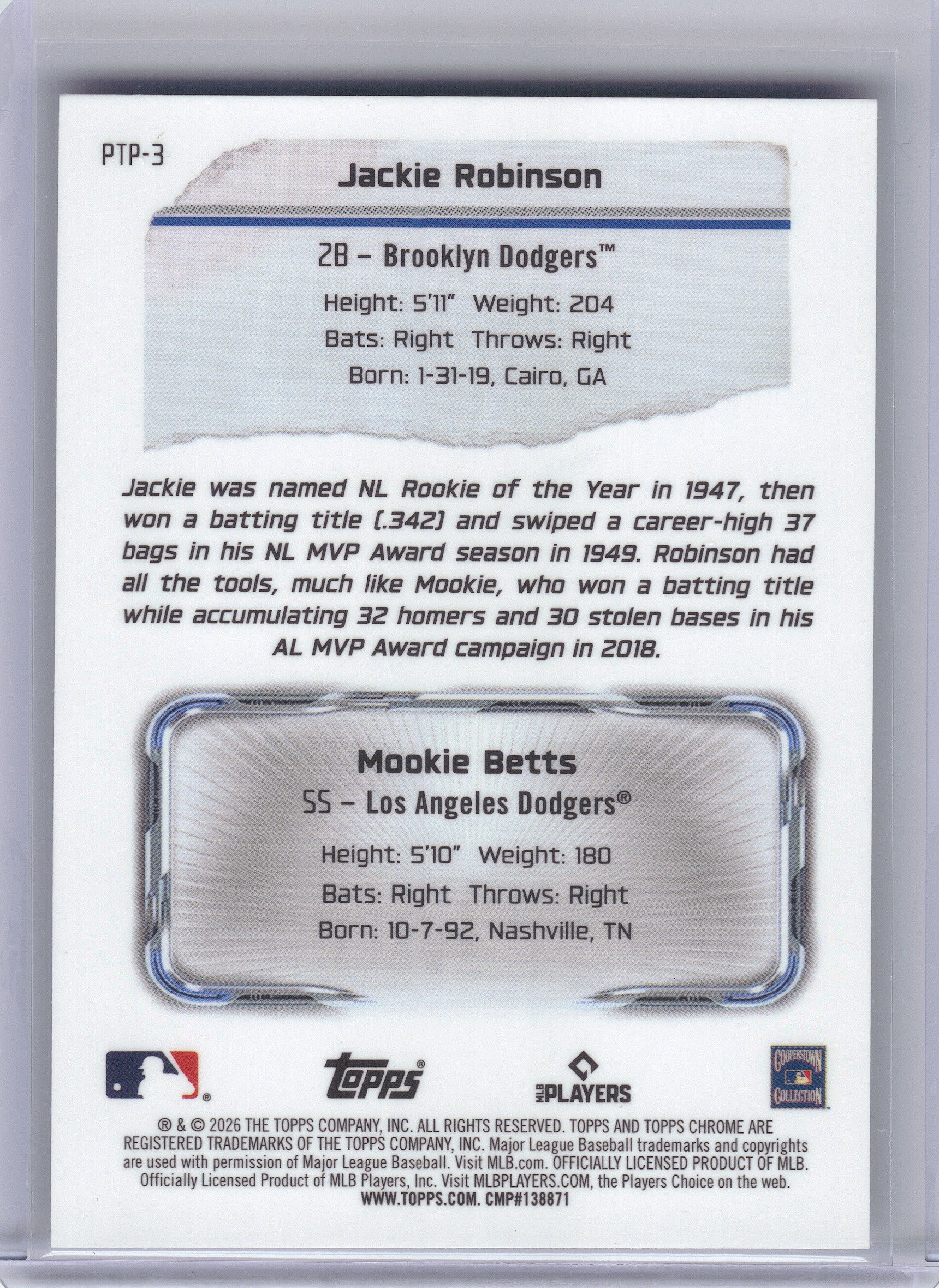 2026 Topps Chrome #PTP-3 Jackie Robinson / Mookie Betts Past to Present Brooklyn Dodgers