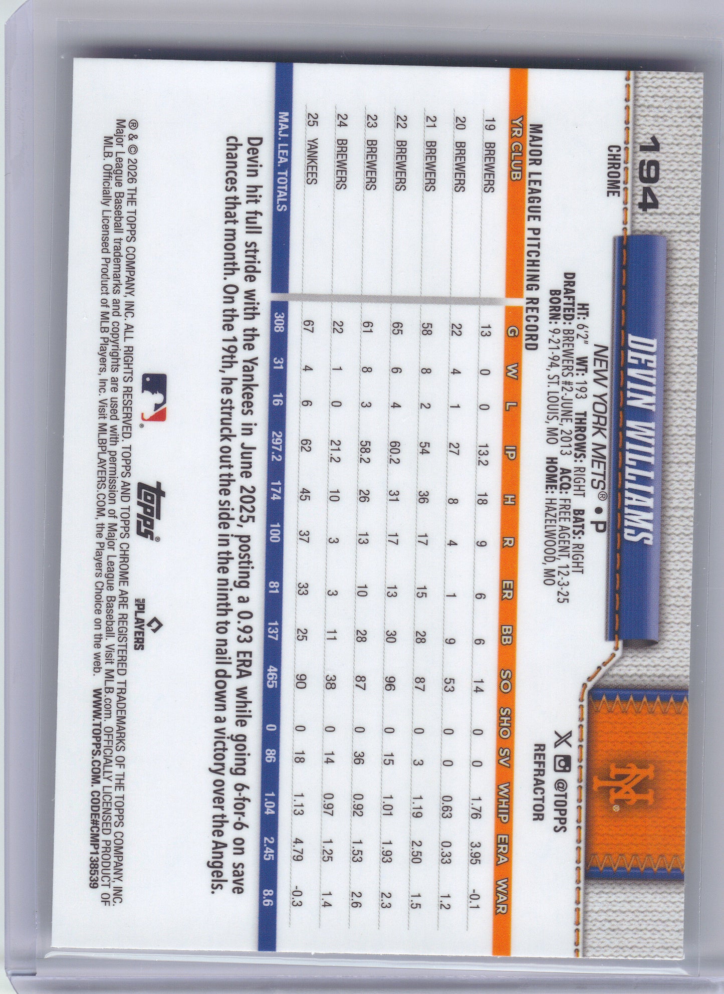 2026 Topps Chrome #194 Devin Williams Refractors New York Mets