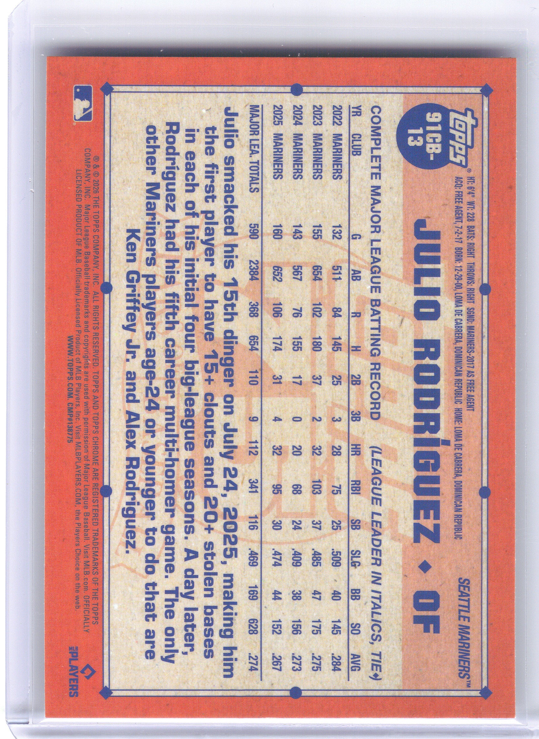 2026 Topps Chrome #91CB-13 Julio Rodríguez 1991 Topps Baseball 35th Anniversary Seattle Mariners