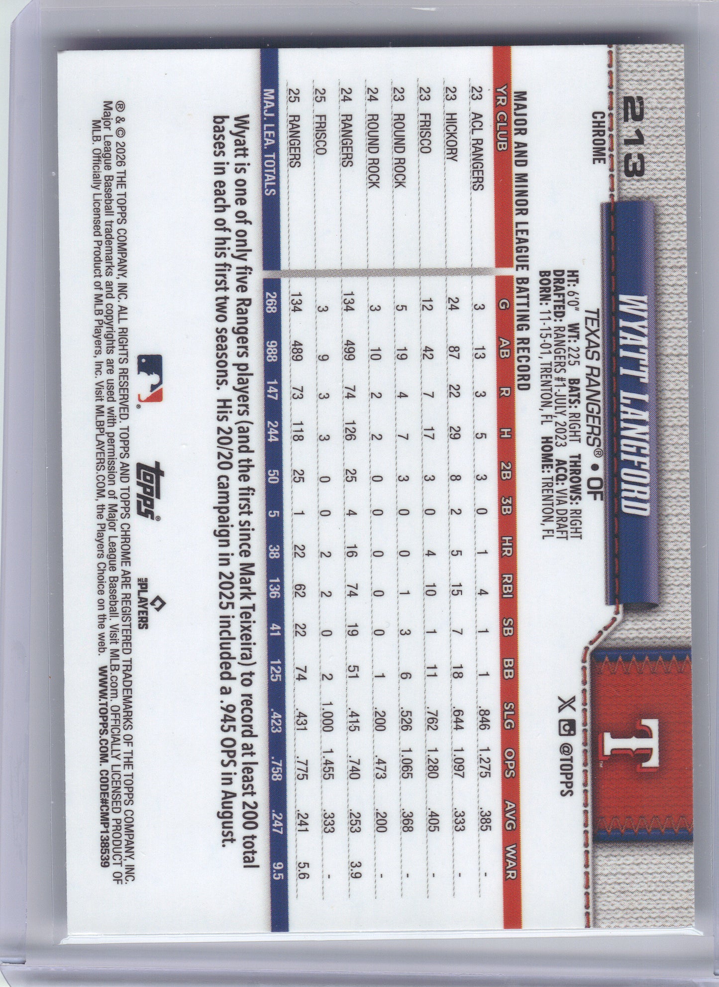 2026 Topps Chrome #213 Wyatt Langford X-Fractors Texas Rangers