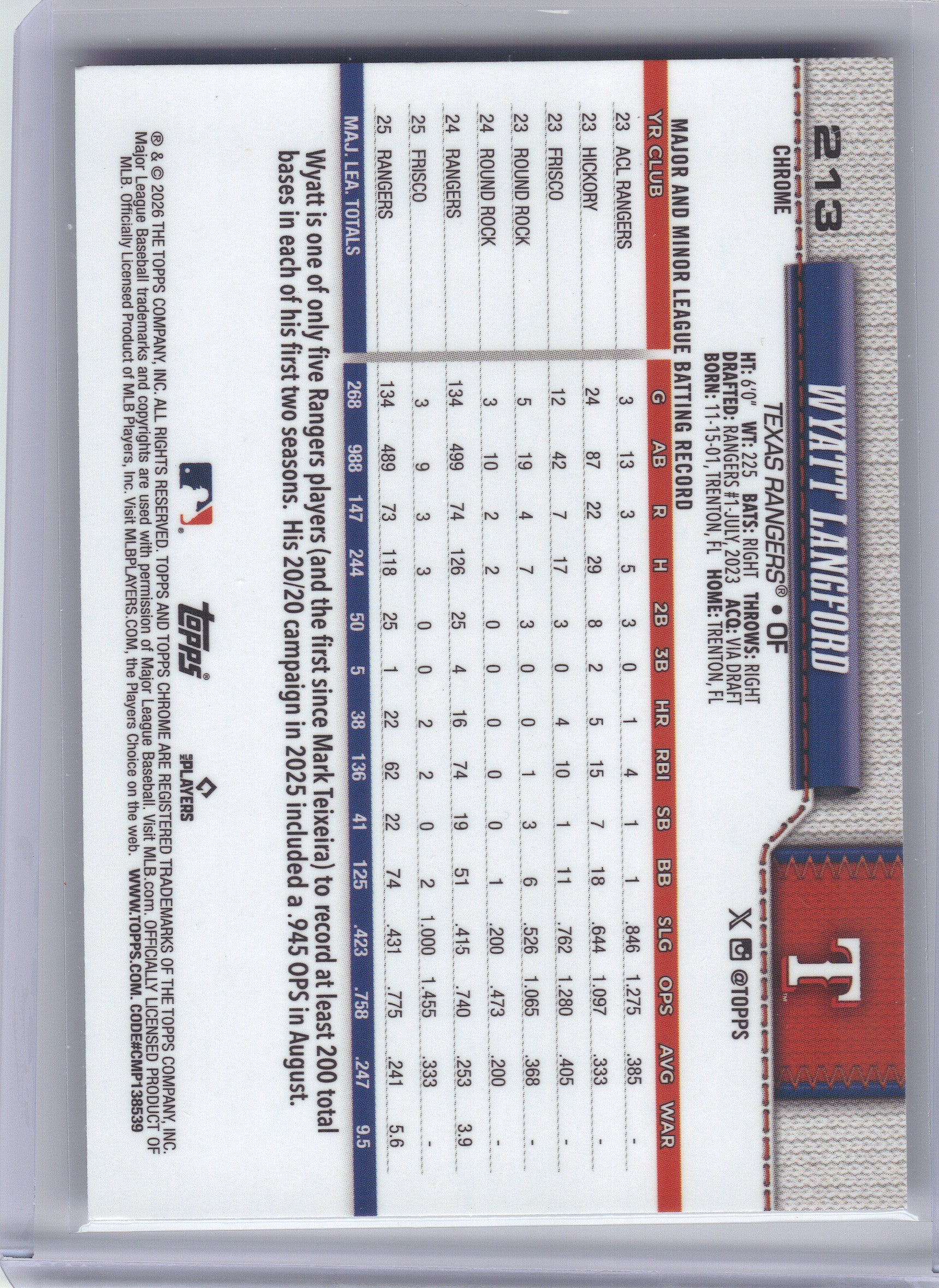 2026 Topps Chrome #213 Wyatt Langford X-Fractors Texas Rangers