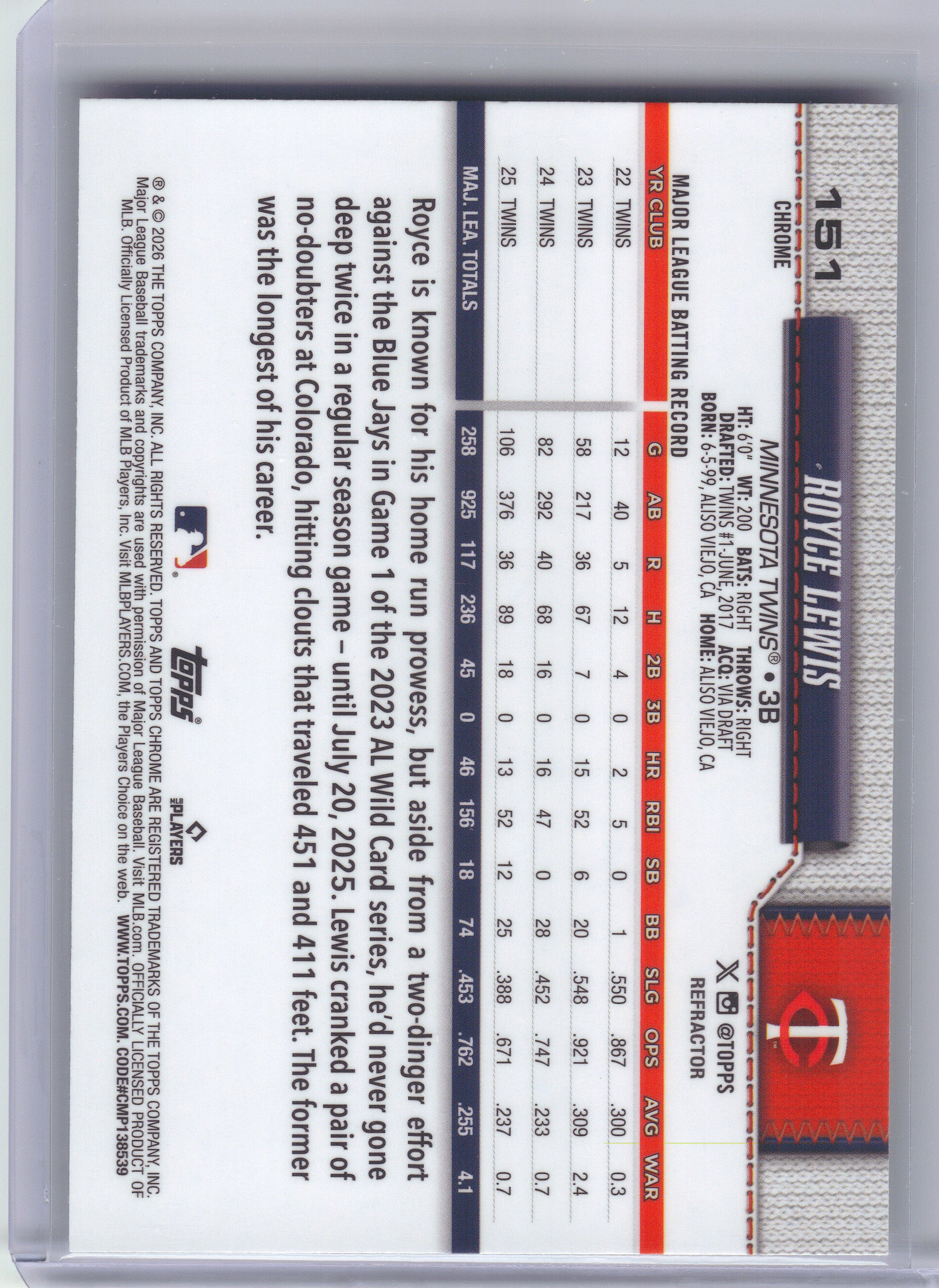 2026 Topps Chrome #151 Royce Lewis Refractors Minnesota Twins