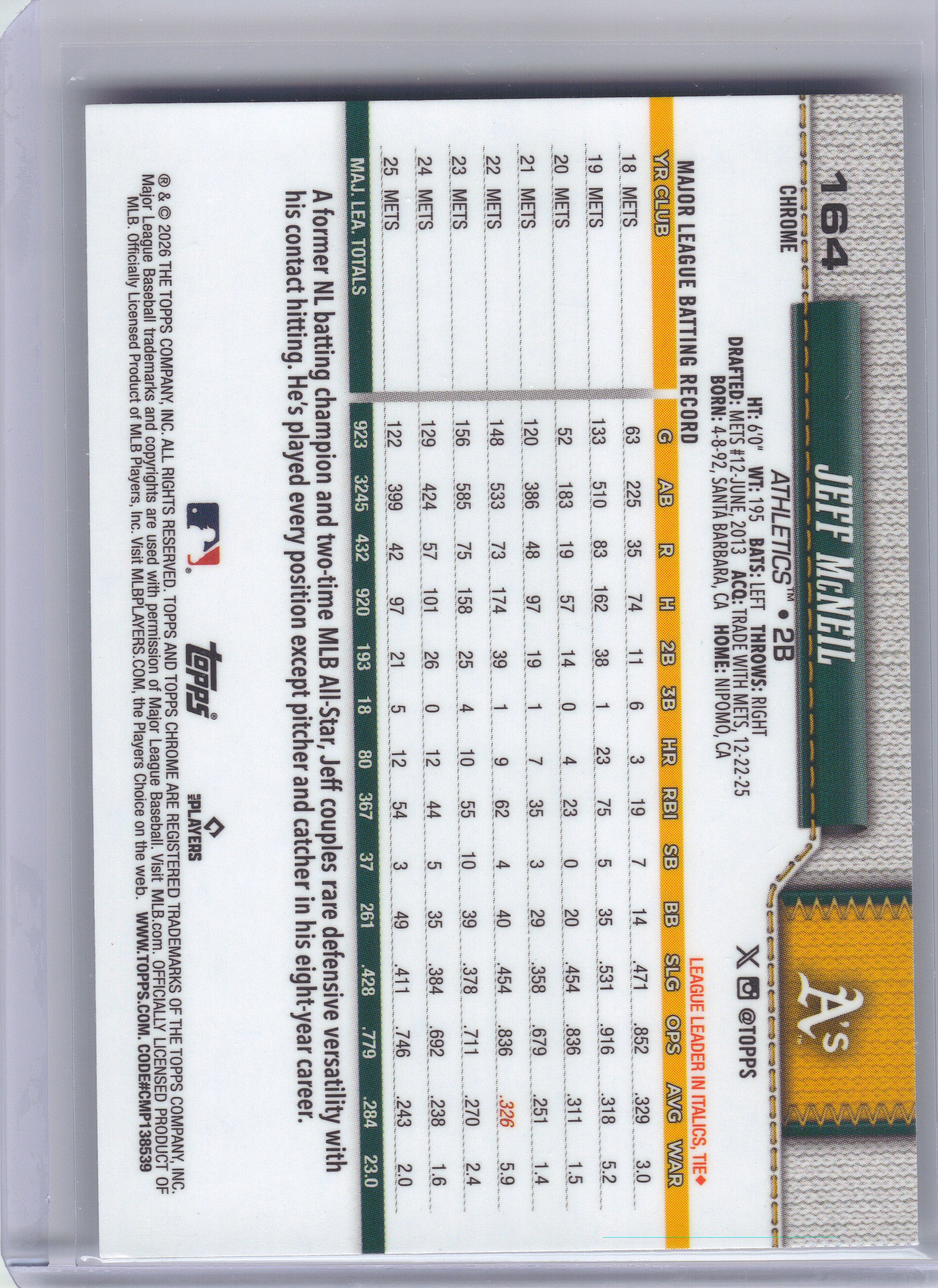 2026 Topps Chrome #164 Jeff McNeil X-Fractors Athletics