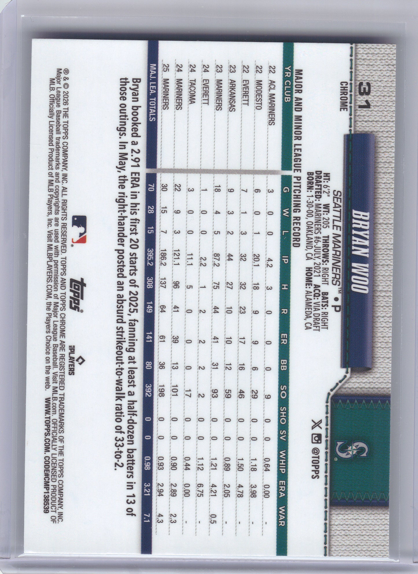 2026 Topps Chrome #31 Bryan Woo X-Fractors Seattle Mariners