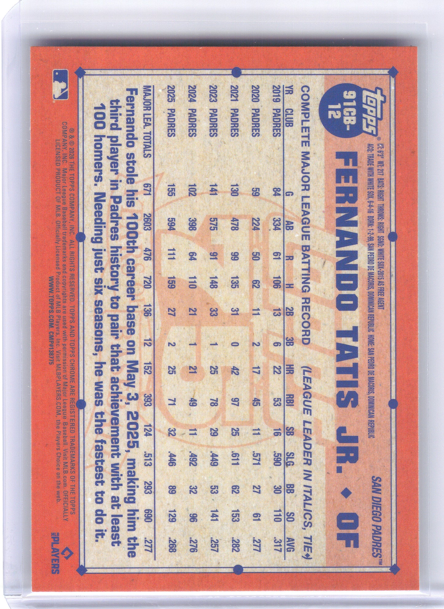 2026 Topps Chrome #91CB-12 Fernando Tatis Jr. 1991 Topps Baseball 35th Anniversary San Diego Padres
