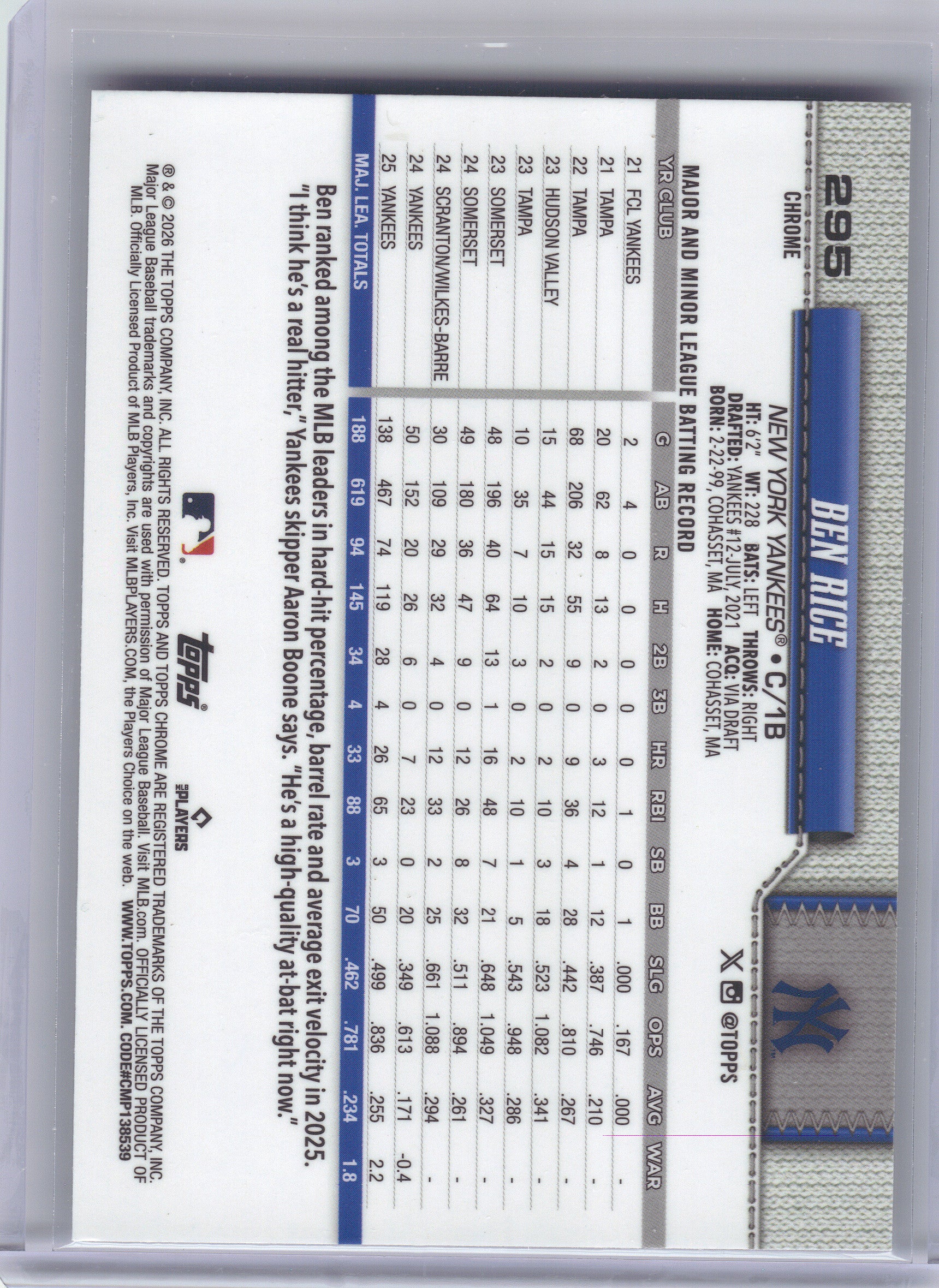 2026 Topps Chrome #295 Ben Rice X-Fractors New York Yankees