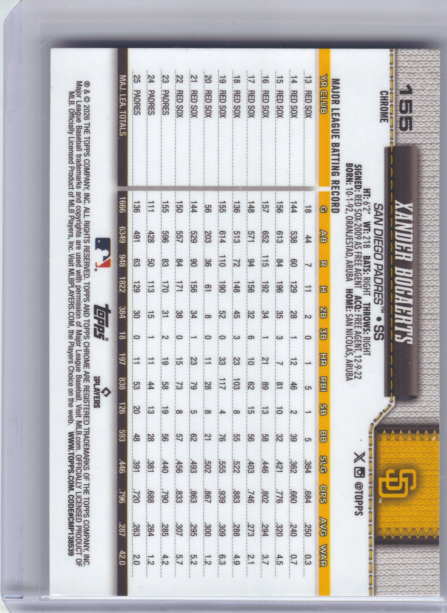 2026 Topps Chrome #155 Xander Bogaerts X-Fractors San Diego Padres