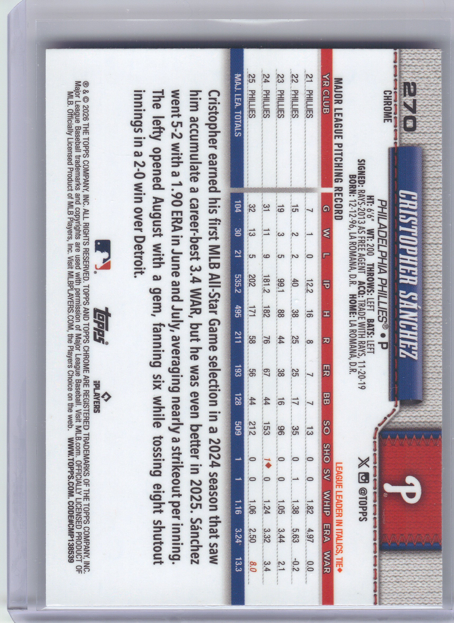 2026 Topps Chrome #270 Cristopher Sánchez X-Fractors Philadelphia Phillies