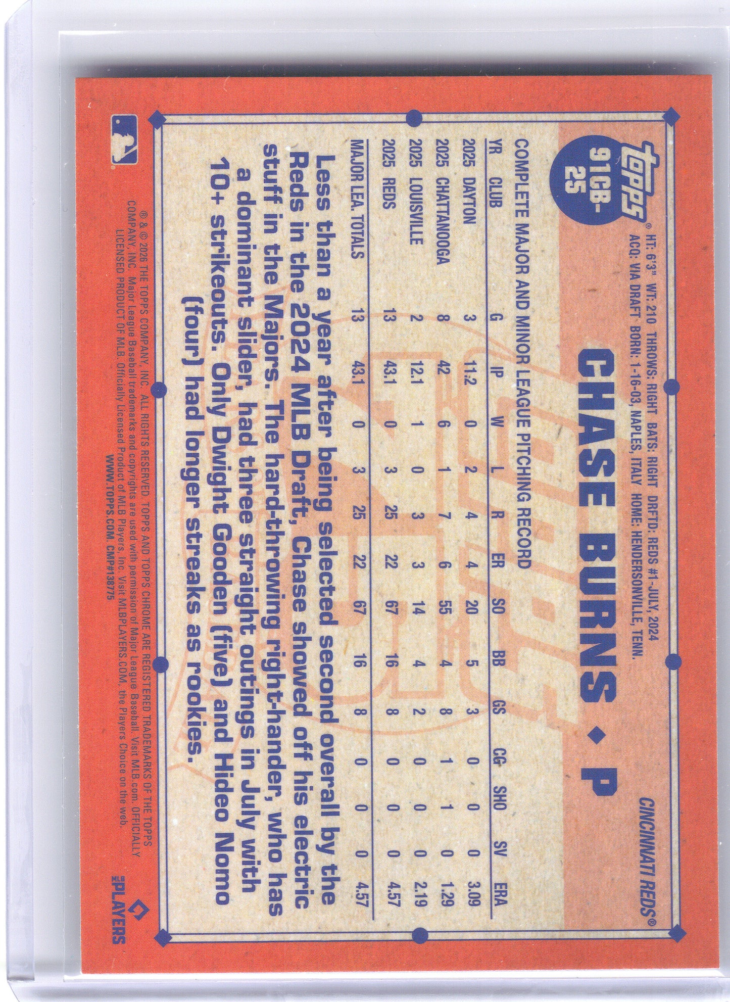 2026 Topps Chrome #91CB-25 Chase Burns 1991 Topps Baseball 35th Anniversary Cincinnati Reds