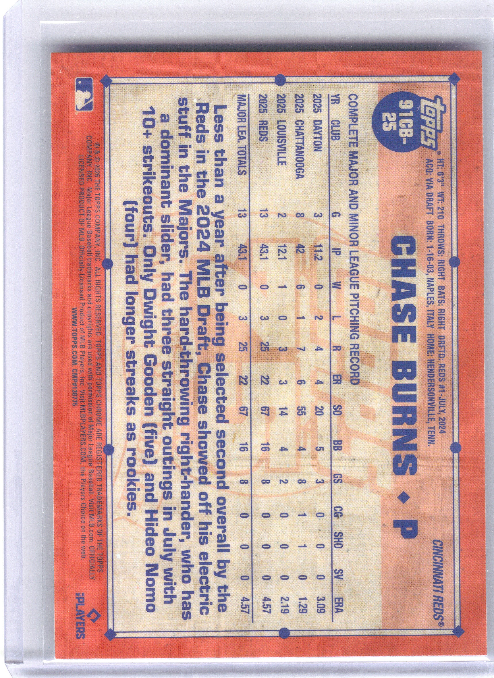 2026 Topps Chrome #91CB-25 Chase Burns 1991 Topps Baseball 35th Anniversary Cincinnati Reds