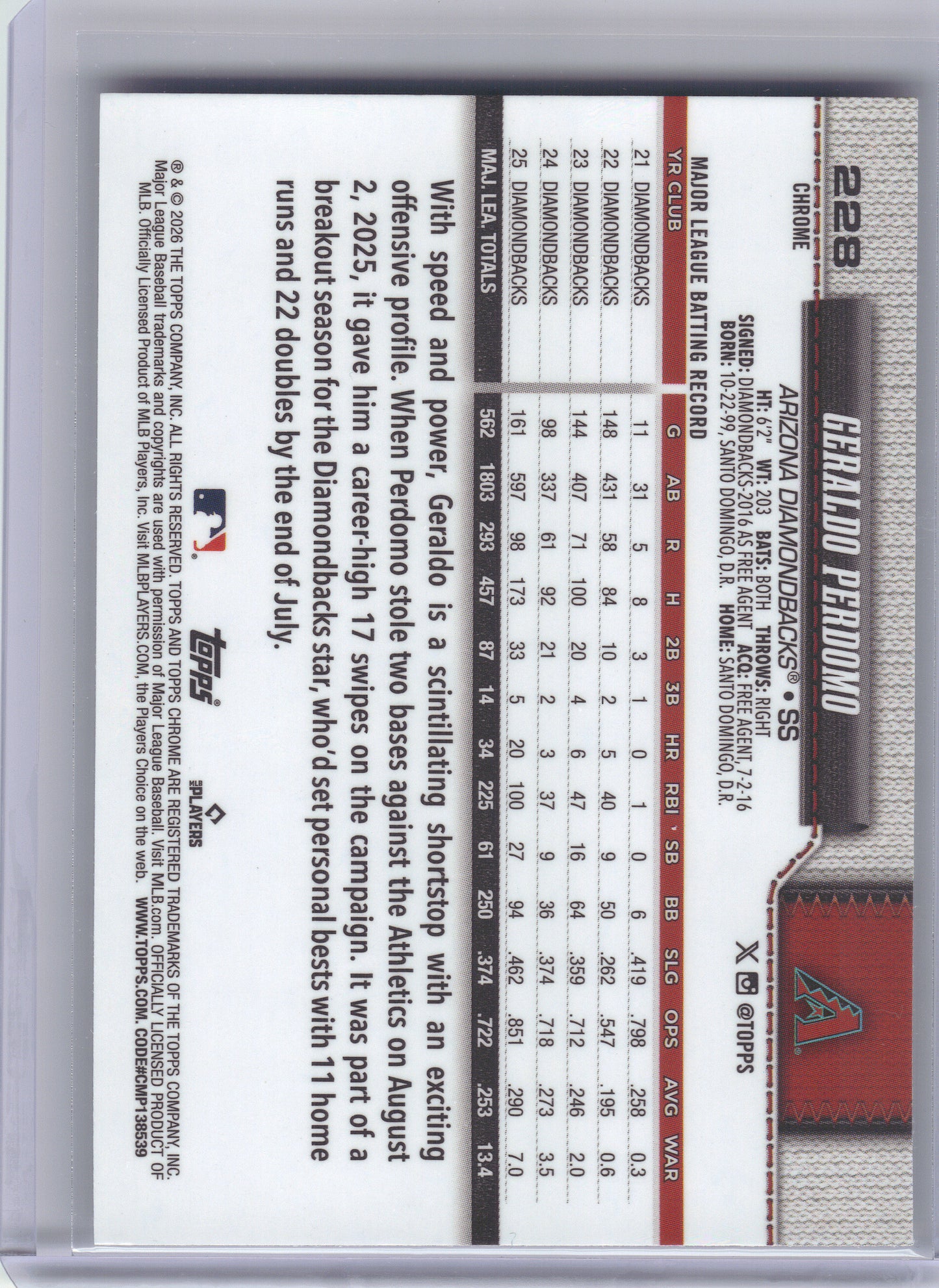 2026 Topps Chrome #228 Geraldo Perdomo X-Fractors Arizona Diamondbacks