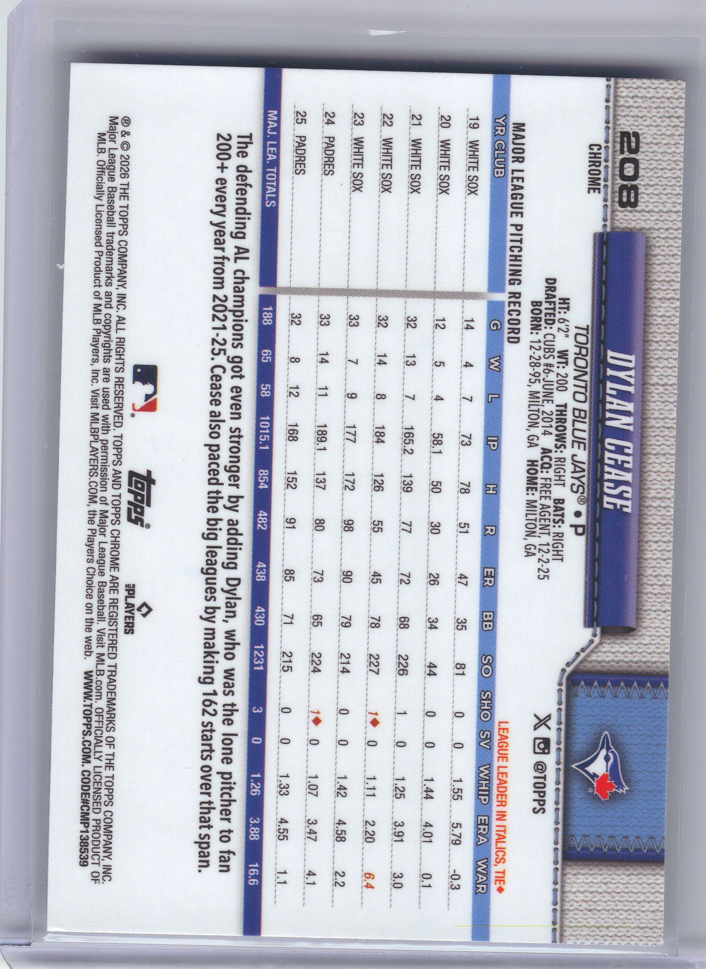 2026 Topps Chrome #208 Dylan Cease X-Fractors Toronto Blue Jays