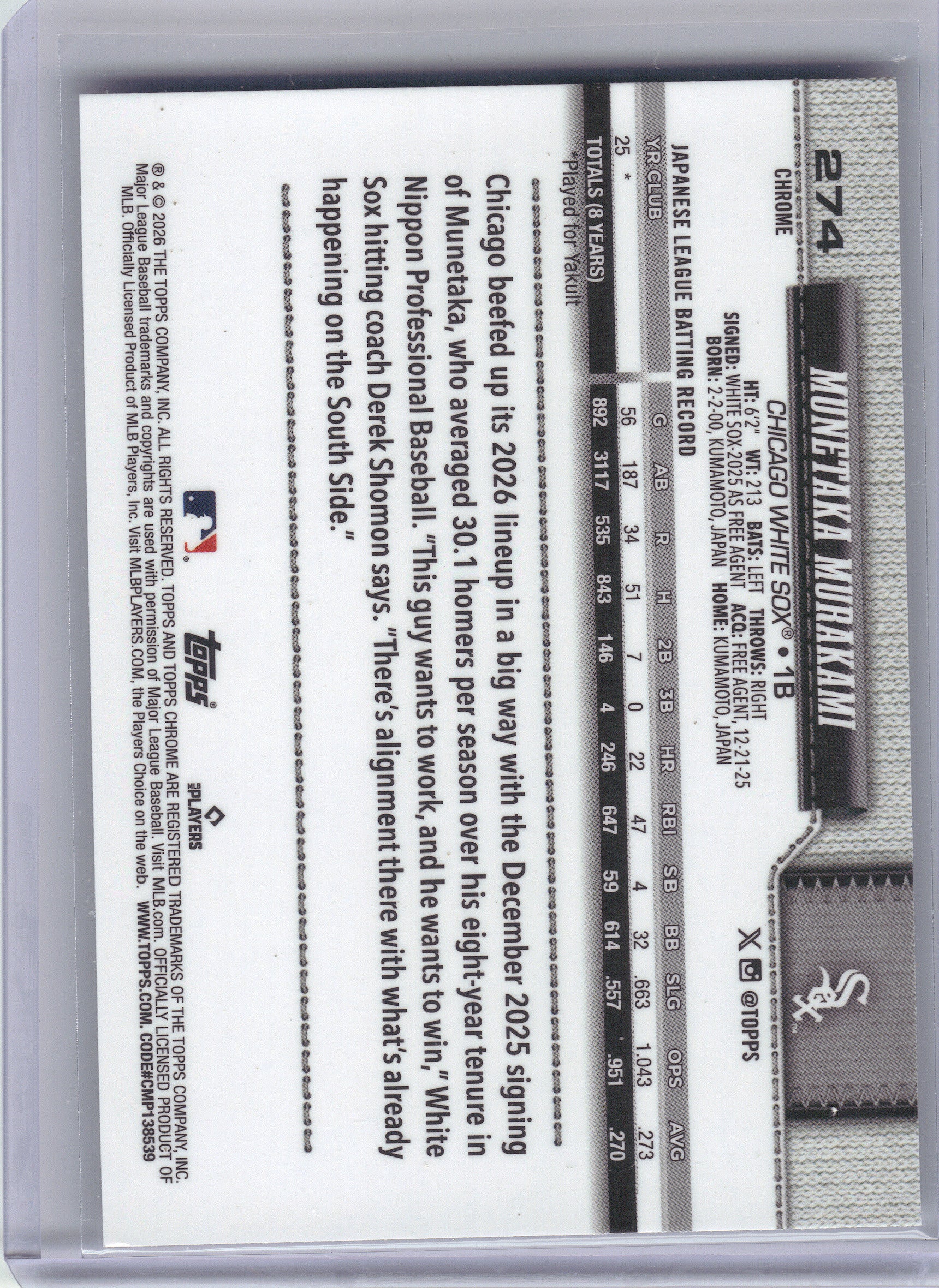 2026 Topps Chrome #274 Munetaka Murakami X-Fractors Chicago White Sox RC