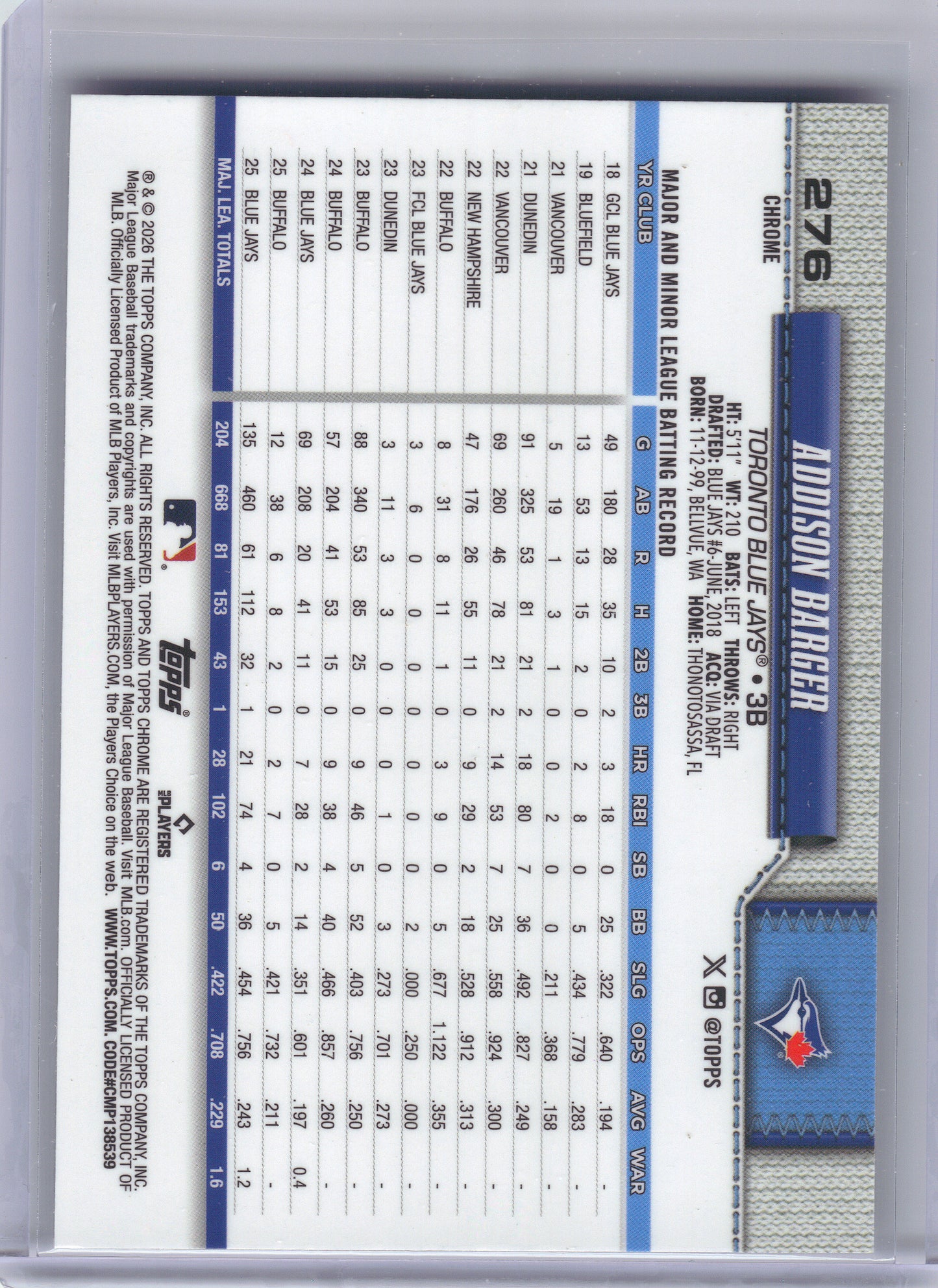 2026 Topps Chrome #276 Addison Barger X-Fractors Toronto Blue Jays