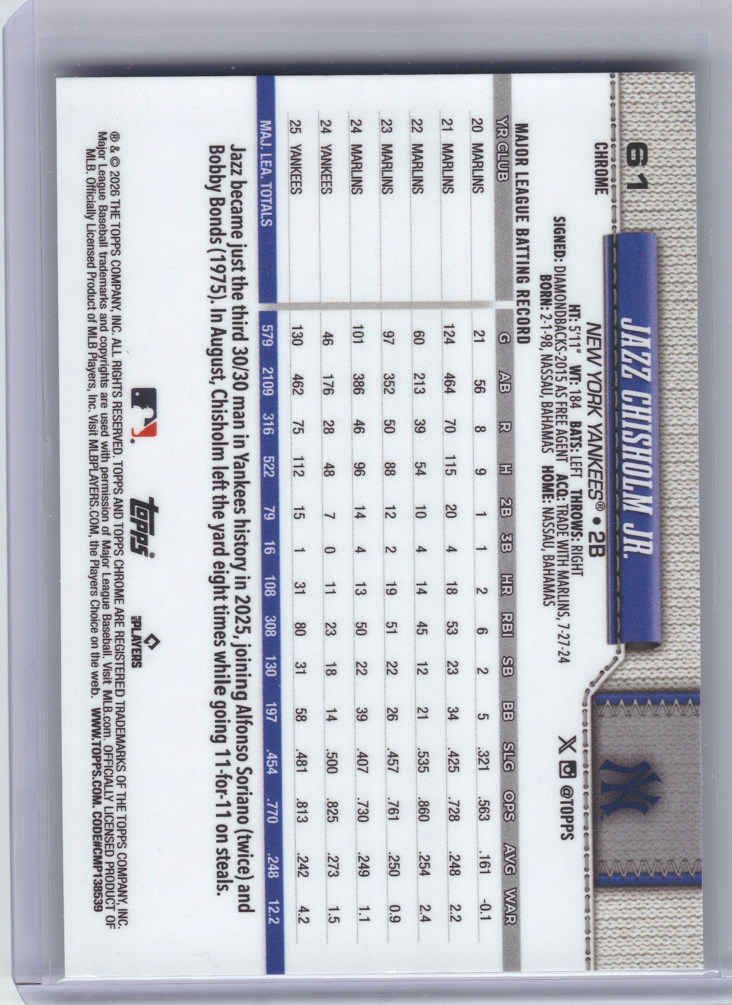 2026 Topps Chrome #61 Jazz Chisholm Jr. X-Fractors New York Yankees
