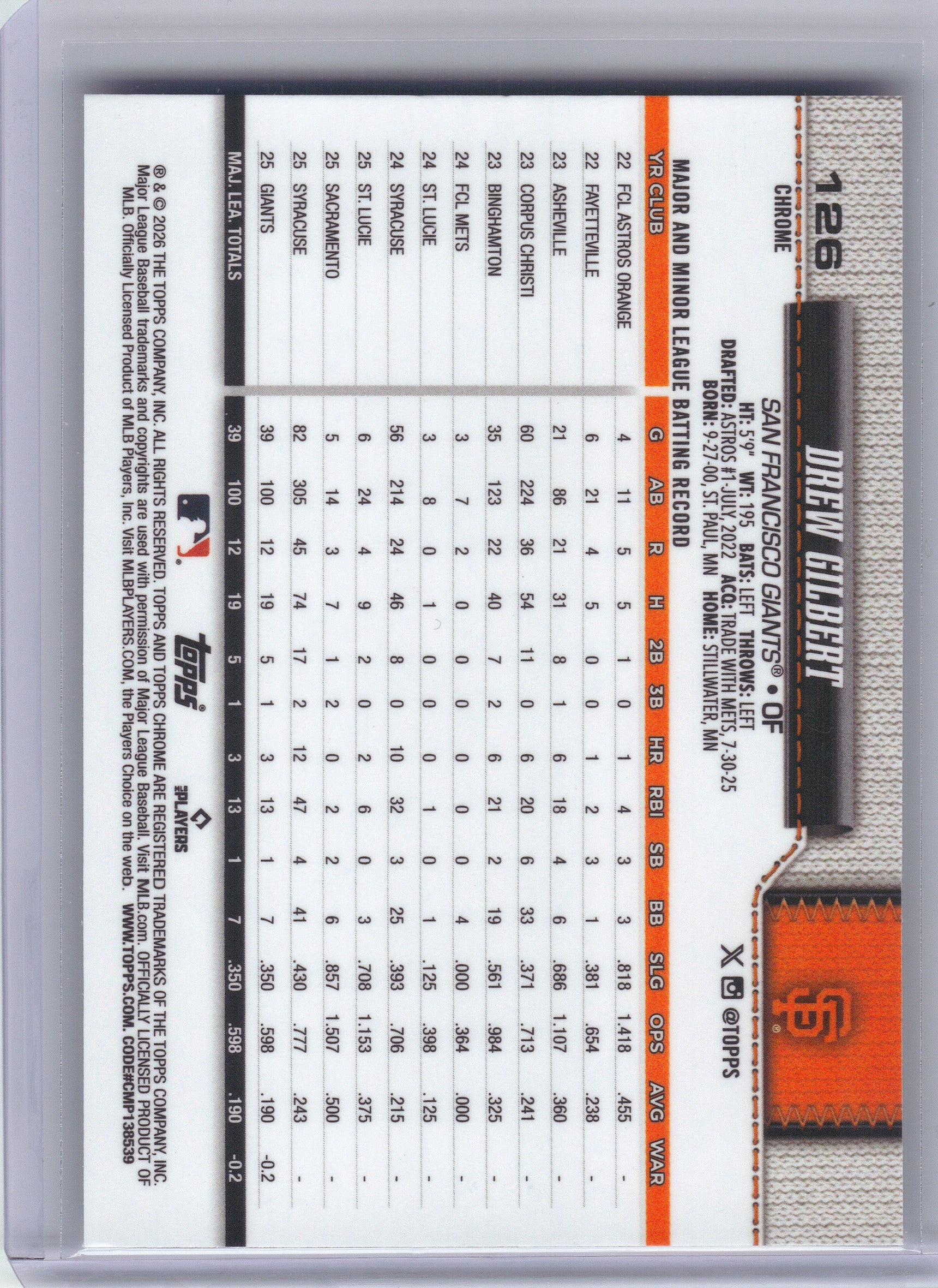 2026 Topps Chrome #126 Drew Gilbert X-Fractors San Francisco Giants RC