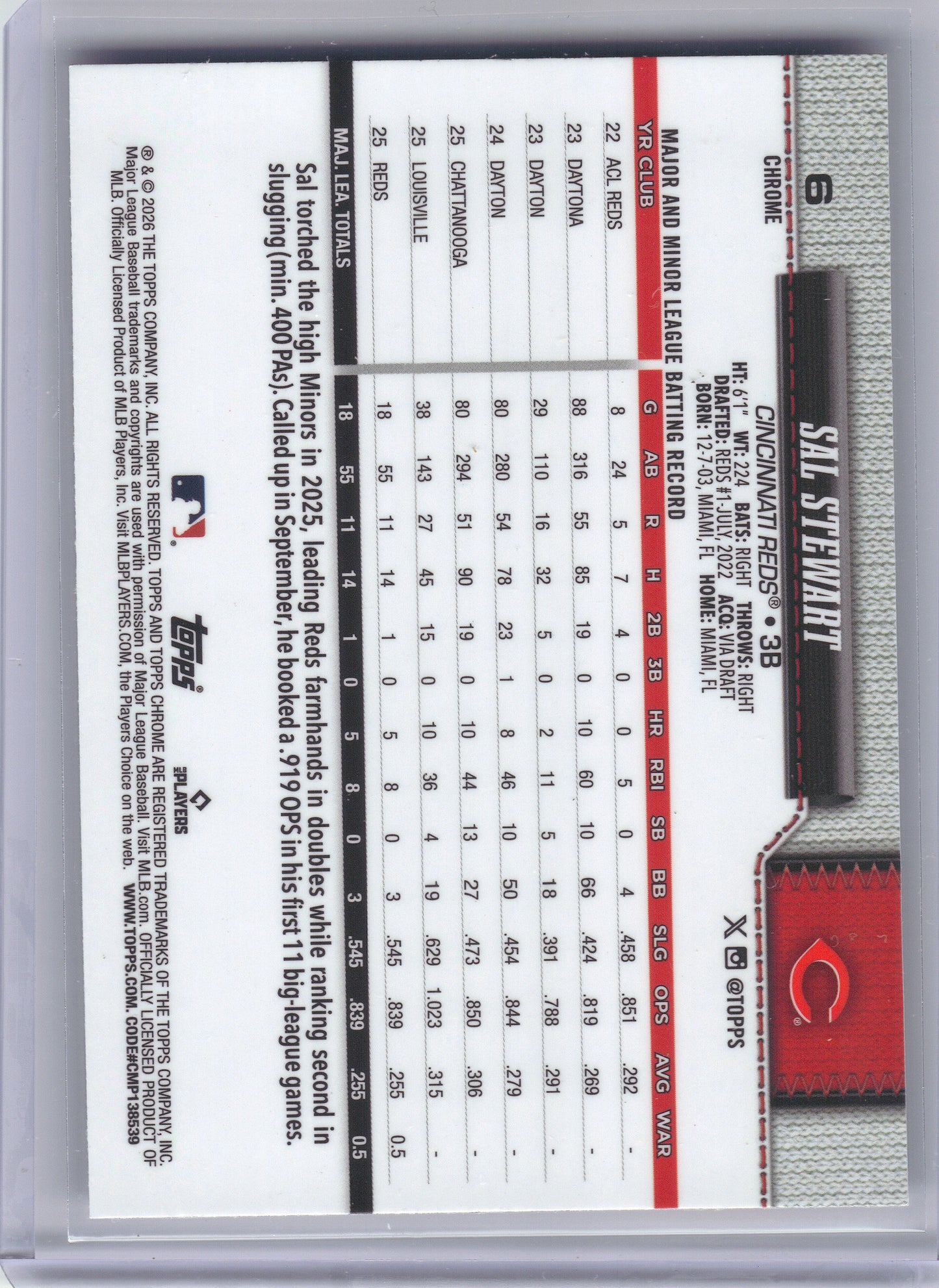 2026 Topps Chrome #6 Sal Stewart Cincinnati Reds RC