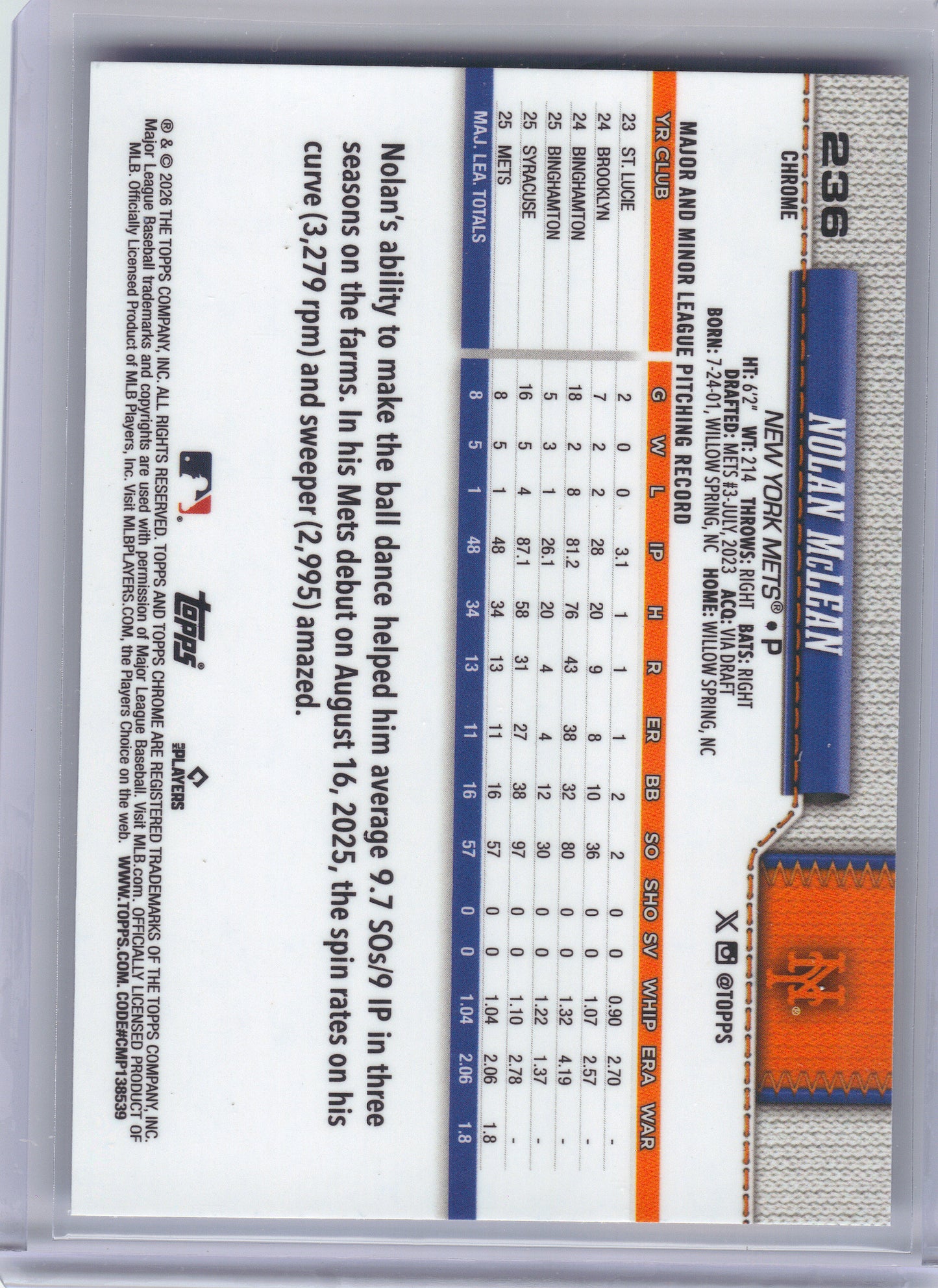 2026 Topps Chrome #236 Nolan McLean Blue X-Fractors #/150 New York Mets SN, RC