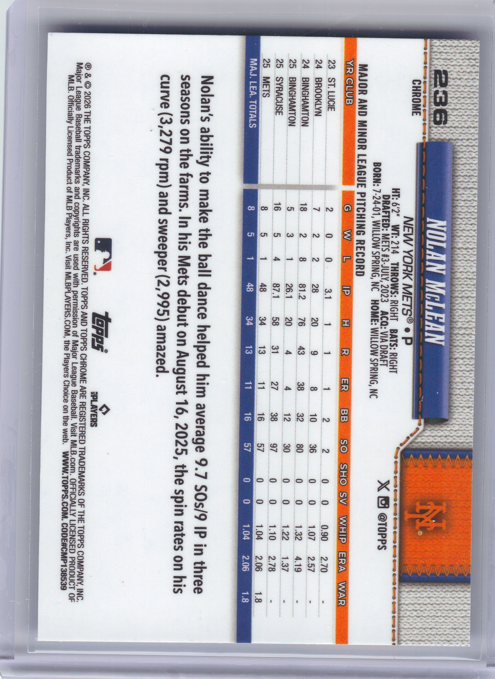 2026 Topps Chrome #236 Nolan McLean Blue X-Fractors #/150 New York Mets SN, RC