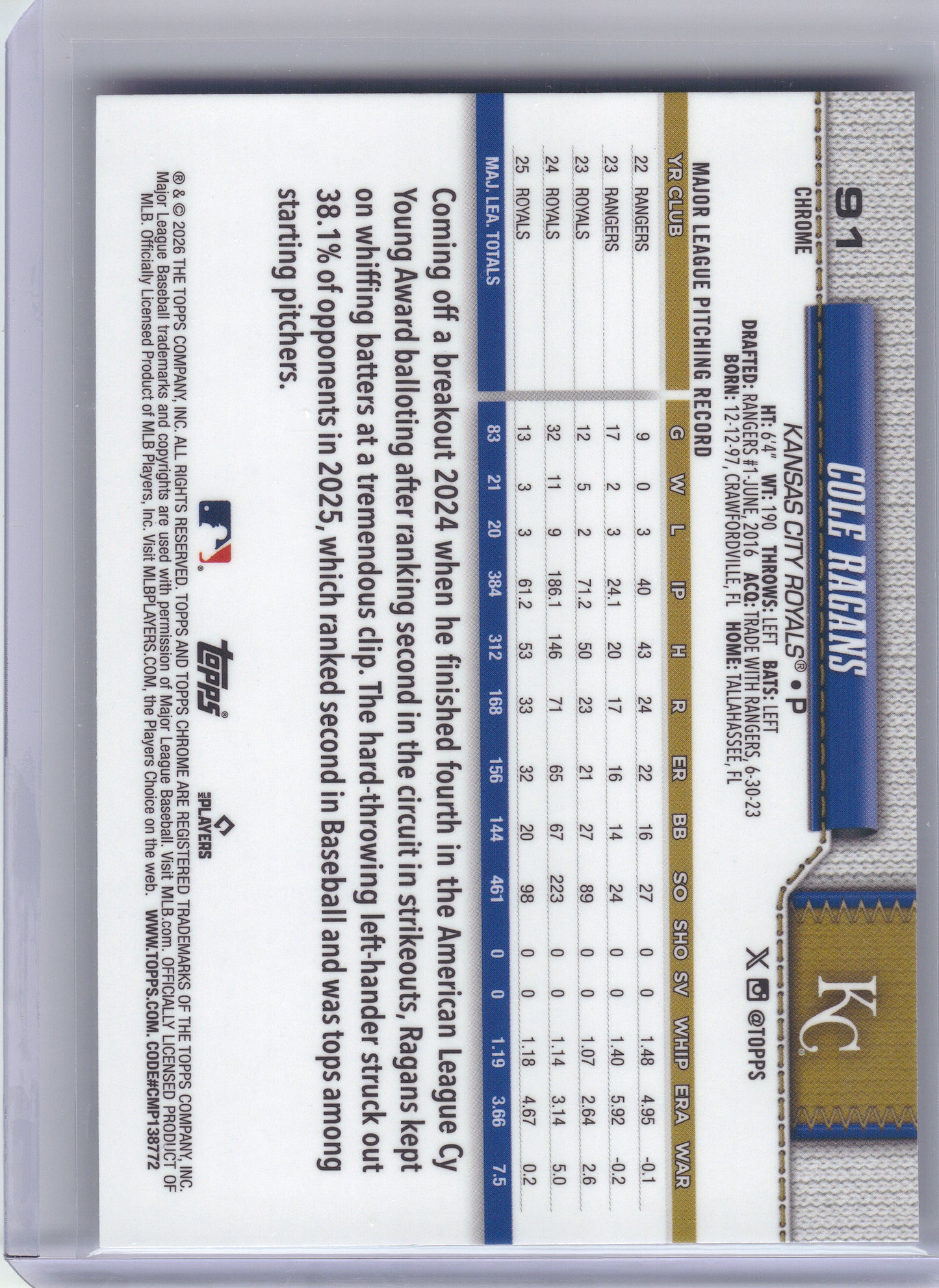 2026 Topps Chrome #91 Cole Ragans Lightboard Logo Refractors Kansas City Royals