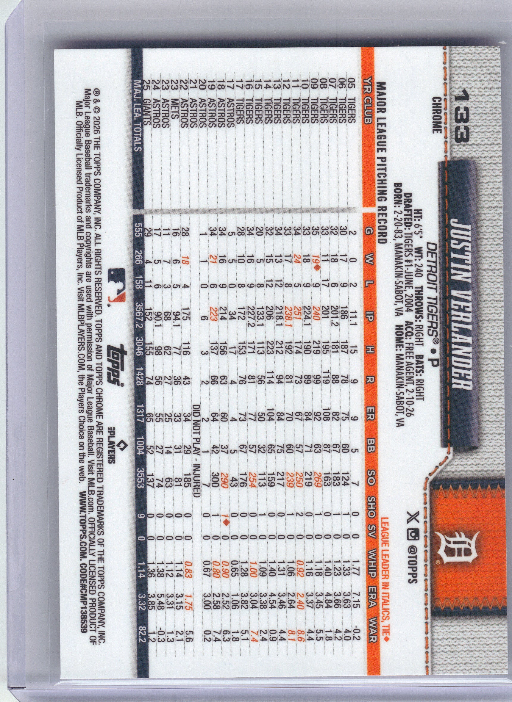 2026 Topps Chrome #133 Justin Verlander X-Fractors Detroit Tigers