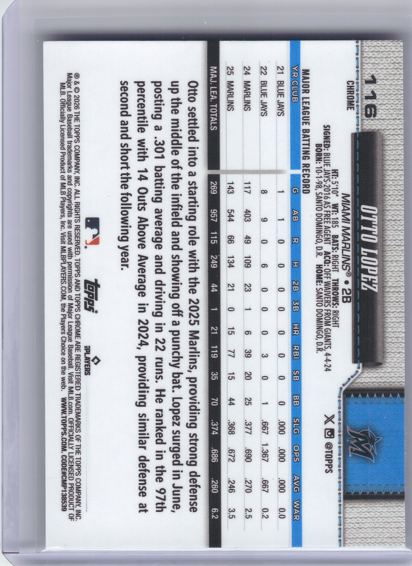 2026 Topps Chrome #116 Otto Lopez X-Fractors Miami Marlins
