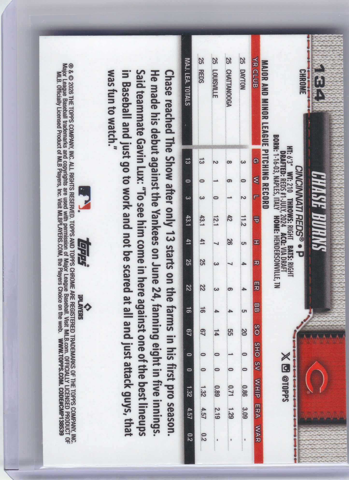 2026 Topps Chrome #134 Chase Burns Cincinnati Reds RC