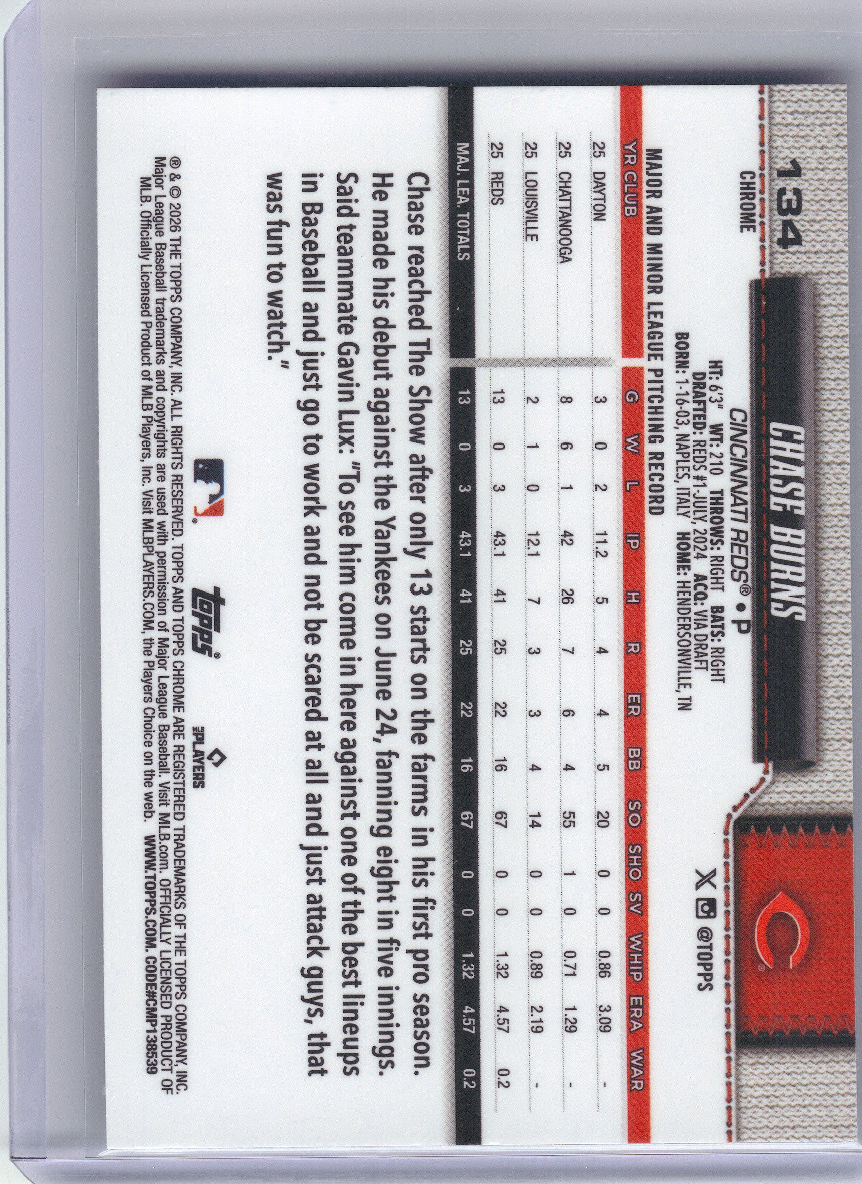 2026 Topps Chrome #134 Chase Burns Cincinnati Reds RC