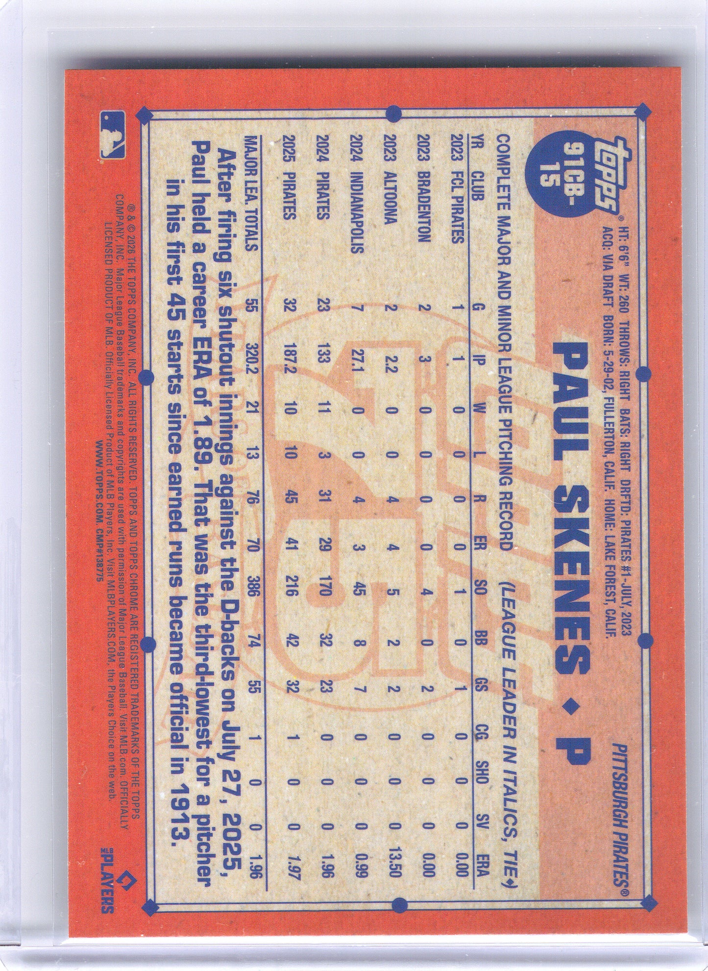 2026 Topps Chrome #91CB-15 Paul Skenes 1991 Topps Baseball 35th Anniversary Pittsburgh Pirates