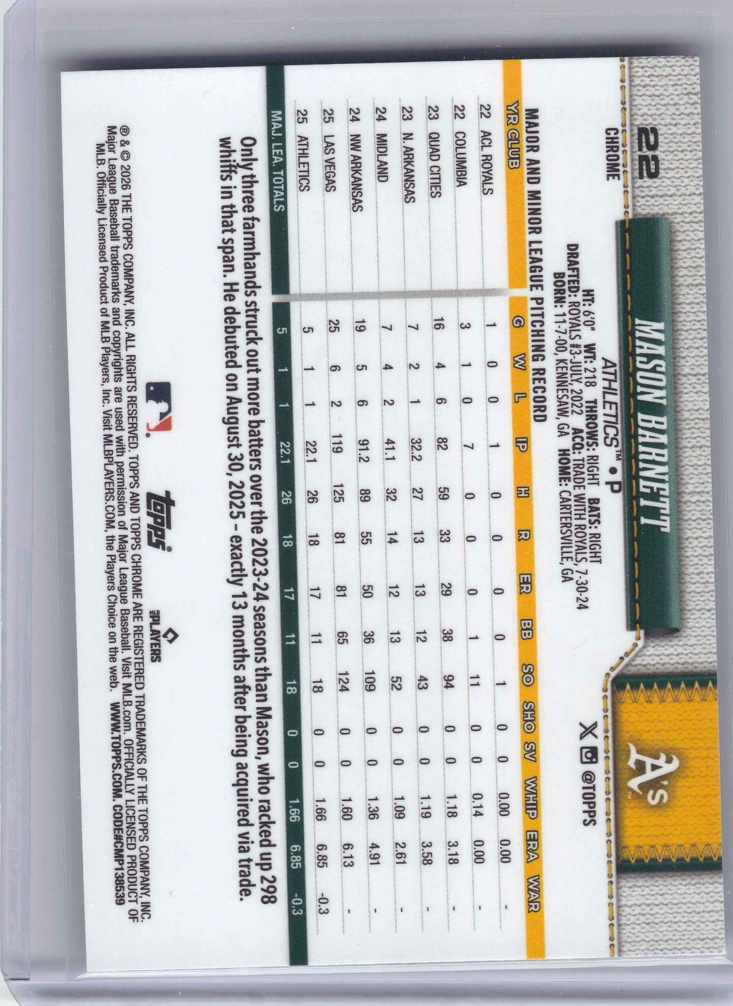 2026 Topps Chrome #22 Mason Barnett X-Fractors Athletics RC