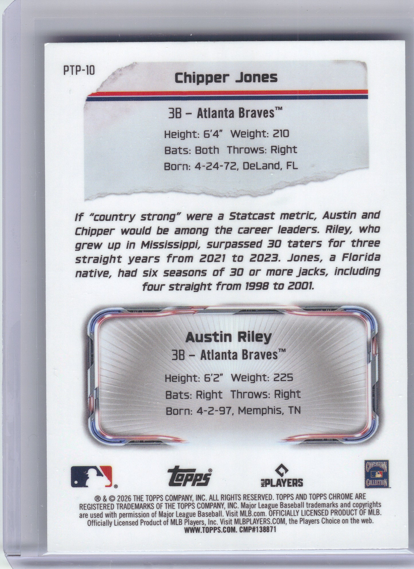 2026 Topps Chrome #PTP-10 Chipper Jones / Austin Riley Past to Present Atlanta Braves
