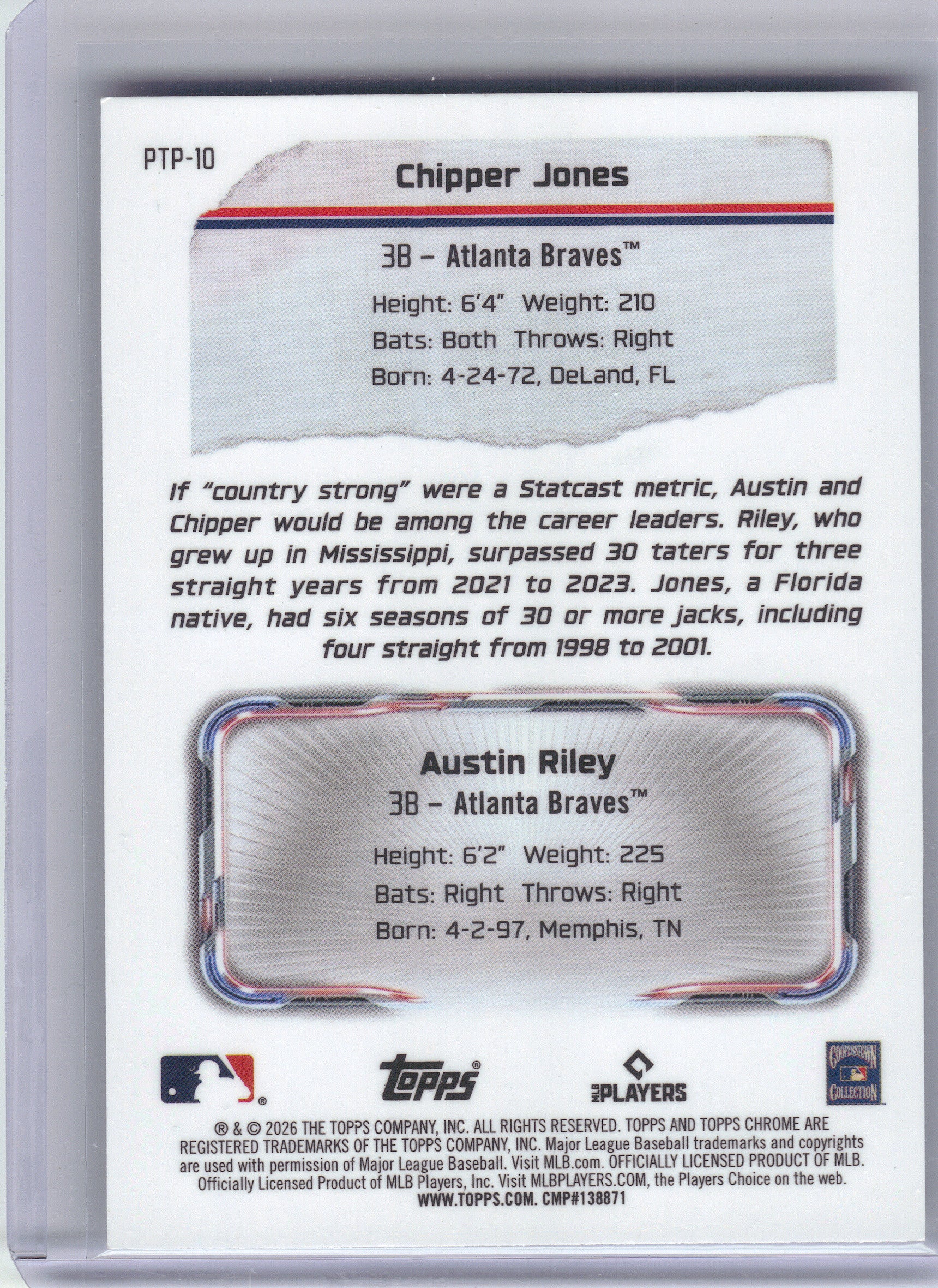 2026 Topps Chrome #PTP-10 Chipper Jones / Austin Riley Past to Present Atlanta Braves
